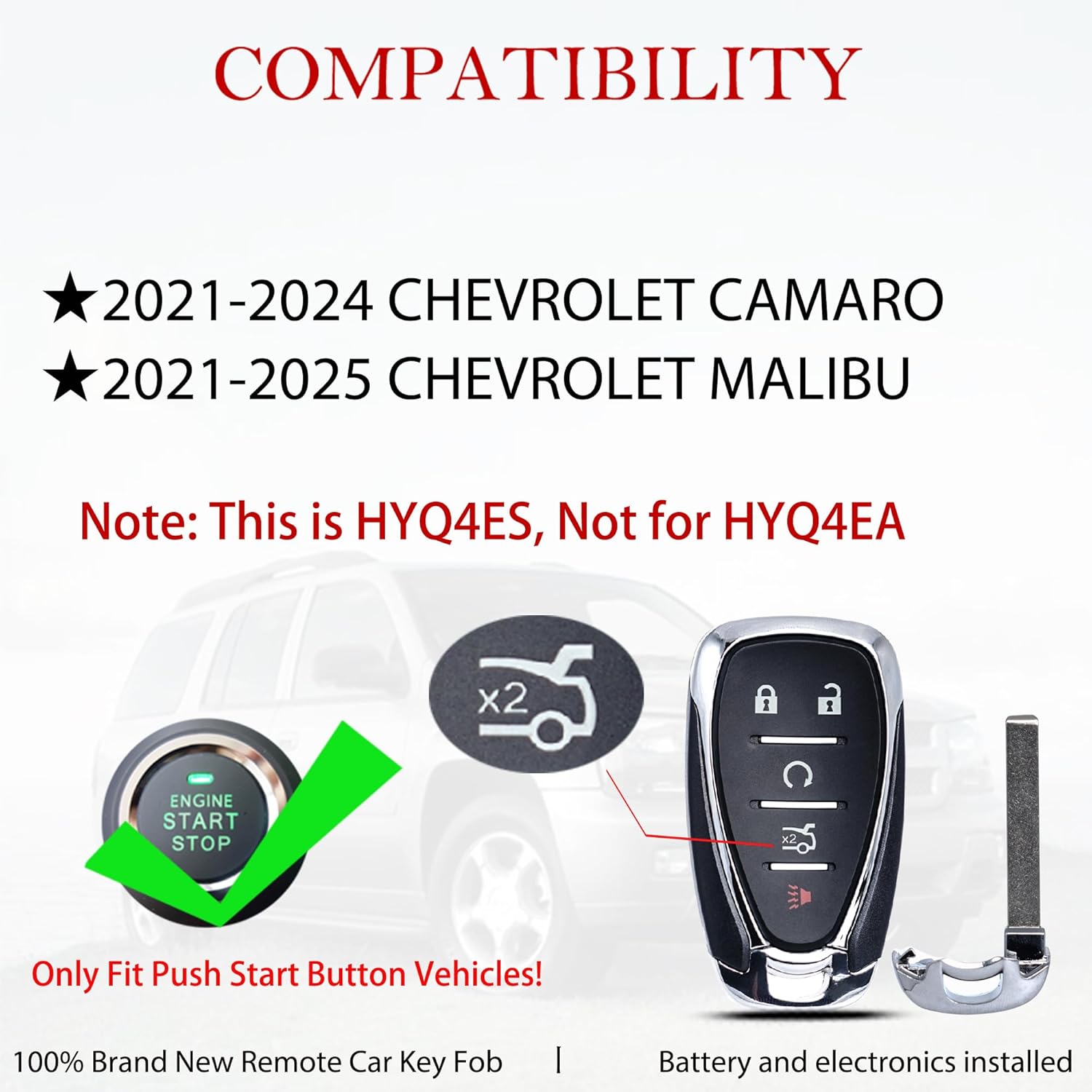 MechanMagic Key Fob Fits for Chevy Camaro Malibu 2021 2022 2023 2024 2025 Keyless Entry Remote Start Control FCC: HYQ4ES. PN:13522891 433 MHz 5 Buttons