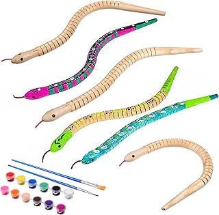 20 Pieces Wooden Snake Bulk Jointed Flexible Unfinished Wooden Wiggly Snake with 12 Colors Acrylic Craft Paint and Paint Brush for Arts and Crafts Reptile Party Decoration