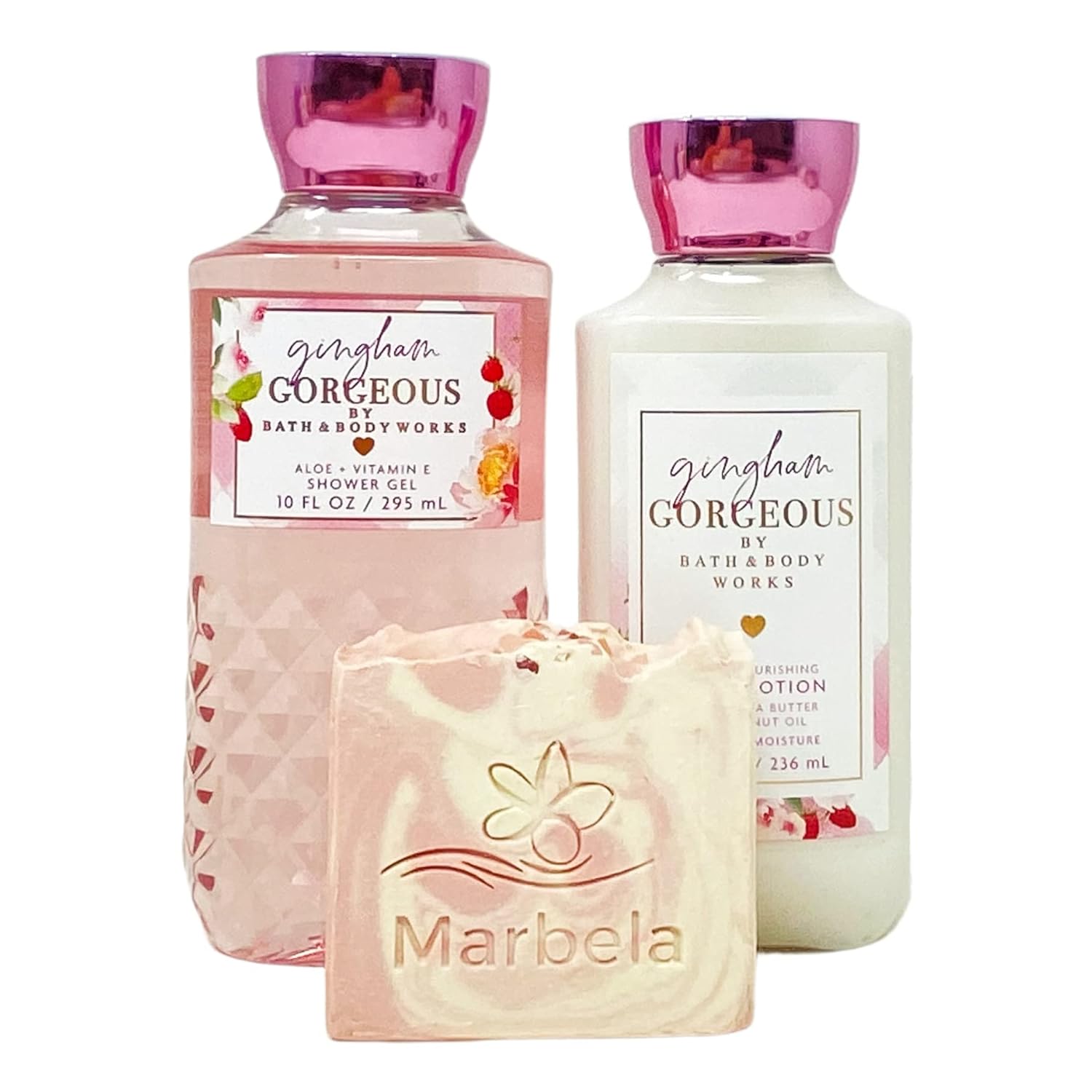 Bath & Body Works Gingham Gorgeous 2 Piece Gift Set - Body Lotion and Shower Gel - with a Himalayan Salts Springs Bar Soap - Full Size