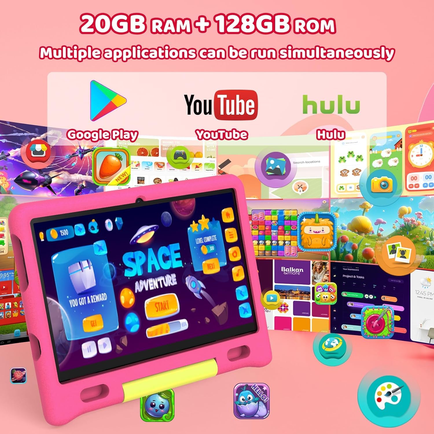 Ainmel 10 inch Kids Tablet with Case, Android 15 Tablet for Kids Ages 3-12 Years, 20GB+128GB(1TB TF Expand), Octa-Core Processor, Parental Controls, WiFi 6, BT5.3,Preloaded Edu Apps (Pink) — view 3