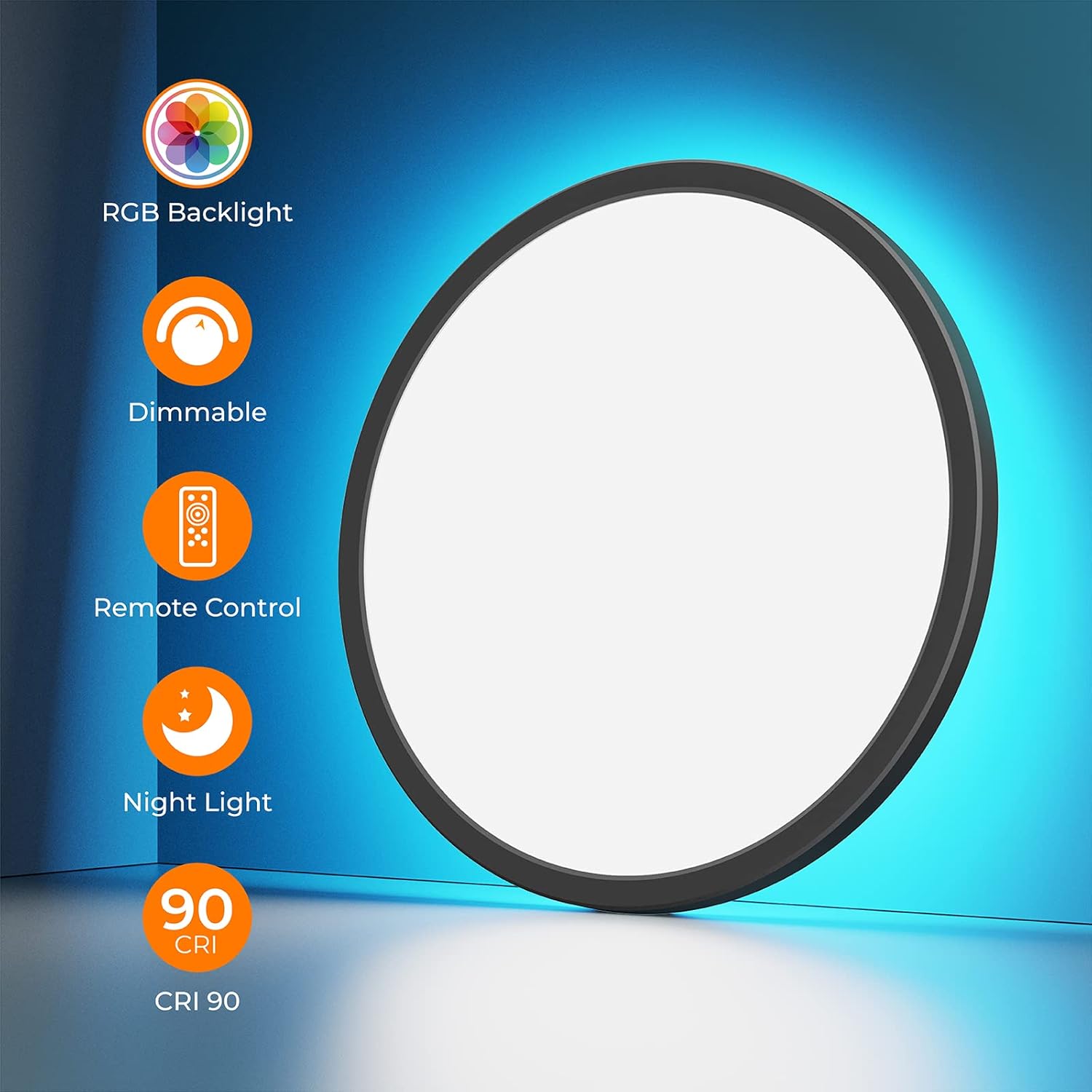 Annaror RGB Flush Mount LED Ceiling Light with Remote, 12 Inch Ceiling Light Fixture with Color Changing Backlight, 3000K-6500K Dimmable, 24W for Bedroom Kids Room Black
