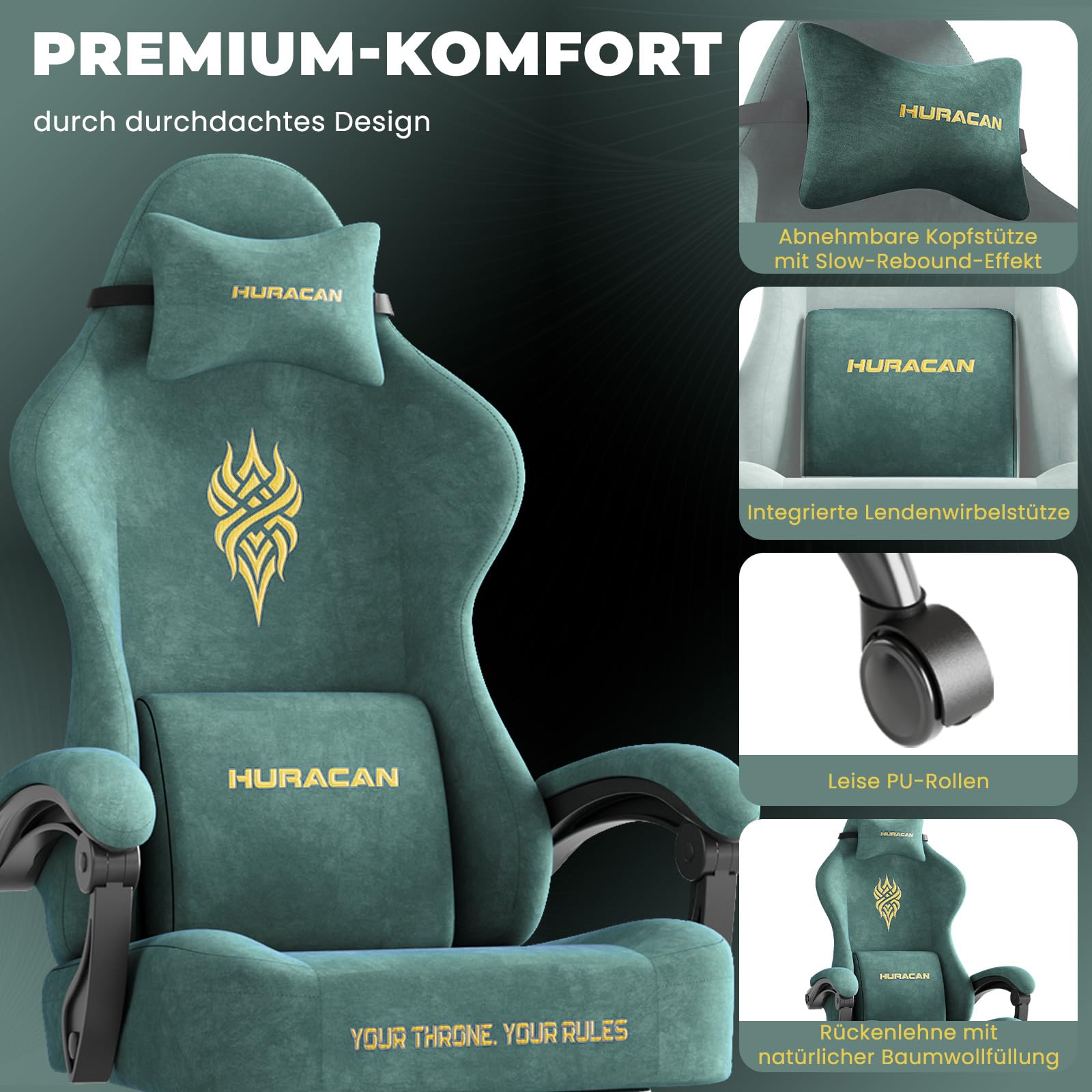 Huracan Chaise Gaming Ergonomique, Fauteuil Gamer avec Repose-Pieds Télescopique Coussin à Ressorts, Support Lombaire, Tissu Velours Respirant pour Les Longues Sessions de Gaming et de Travail, Vert
