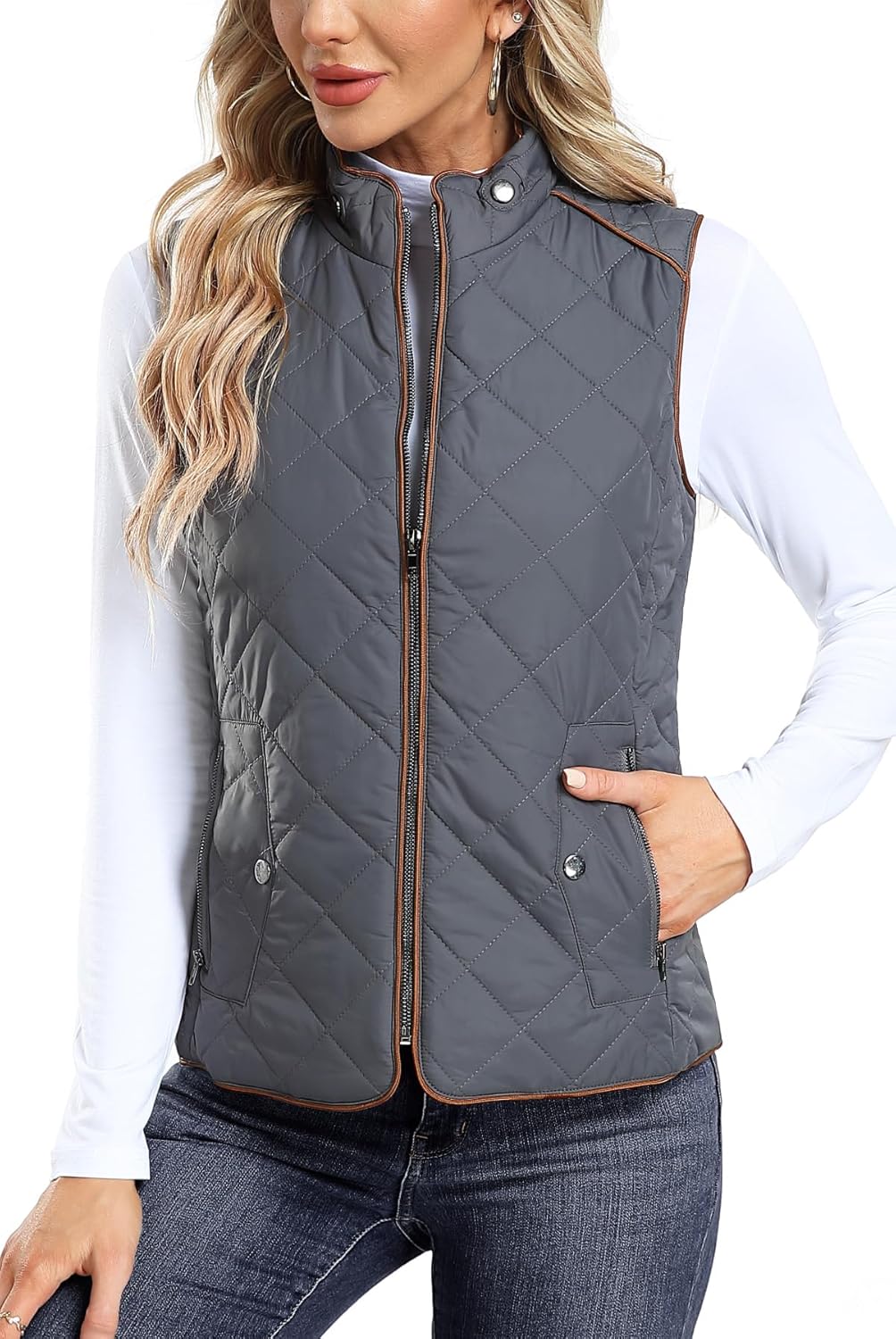 Dilgul Women's Quilted Vest Stand Collar Trendy Lightweight Zip Padded Vest with Pockets