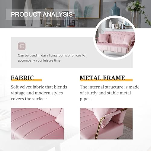 Miniatura 6 de FENFSHE Sofá pequeño de 54 pulgadas, cómodo sofá tapizado de terciopelo rosa con patas de hierro para espacio compacto, sala de estar, apartamento,