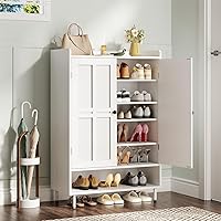 ONBRILL 6-Tier Farmhouse Shoe Cabinet with Cross Molding Doors, 3 Adjustable Shelves, Metal Legs - 45" Entryway Organizer, White