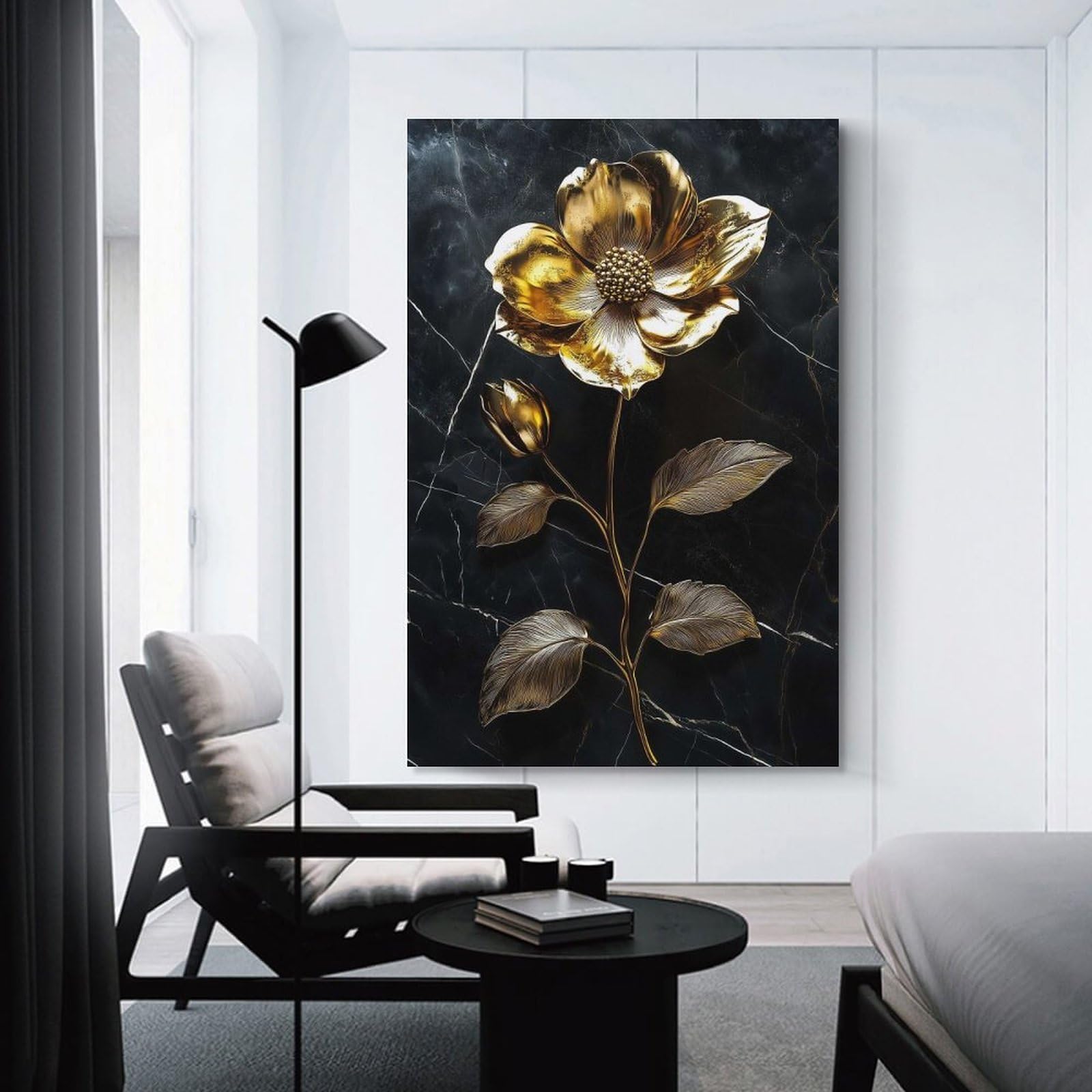 Junmoney Unframe-Style-8 Golden Flower On Marble Background Canvas Wall Decor, 12X18inch(30X45cm), For Wall Displays, Bedrooms Or Room Updates, Wall Decor Suited To Curated Displays