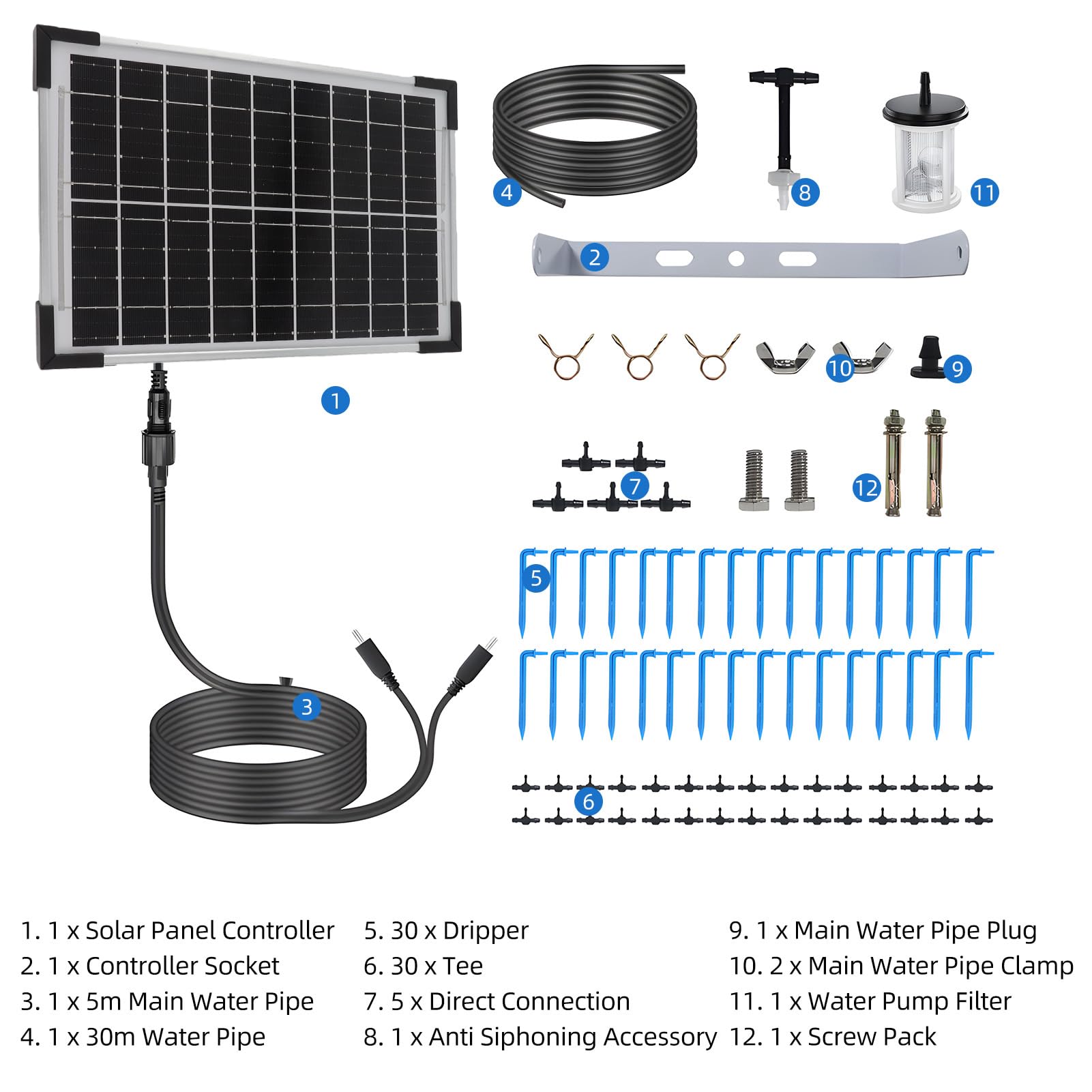 Kavolet di irrigazione Solare a Goccia, di irrigazione Automatico da Giardino con Batteria da 2200 mAh, 7 modalità Timer, Tubo da 30 m, per Giardini, balconi Piante, Piante in Vaso