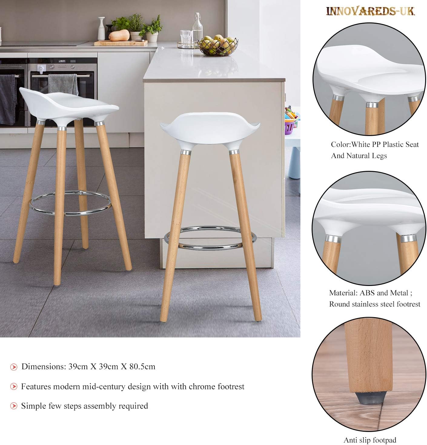 Homy Casa Set of 2 30" Scandinavian Breakfast Bar Stools Kitchen Chairs Solid Wooden Legs-white