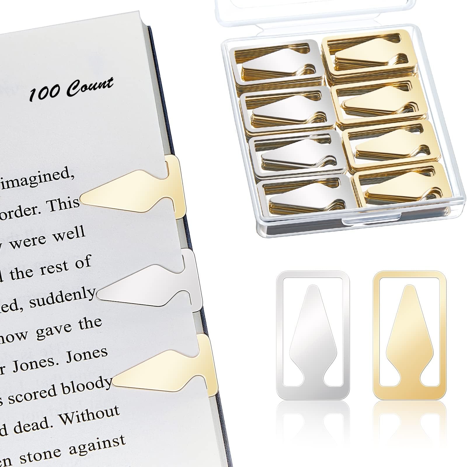 Spakon 100 Count Tin Mixed Metals Book Line Markers Arrow Bookmarks and Page Markers for Reading Teachers Students Book Lovers School and Work (Silver and Gold)