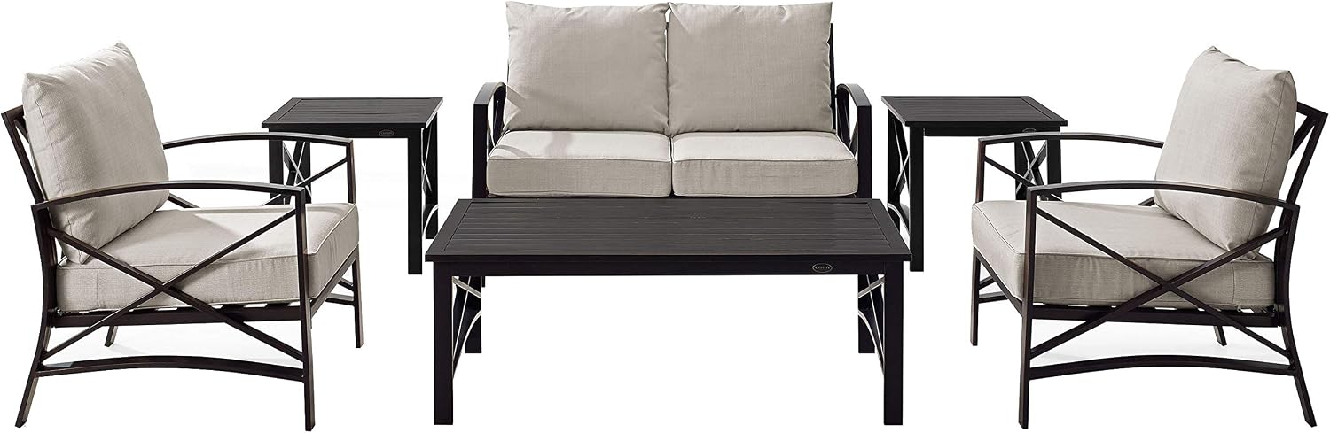 Crosley Furniture Kaplan 6-Piece Outdoor Loveseat Patio Furniture Set, Conversation Sets for Porch, Deck, Oiled Bronze with Oatmeal Cushions