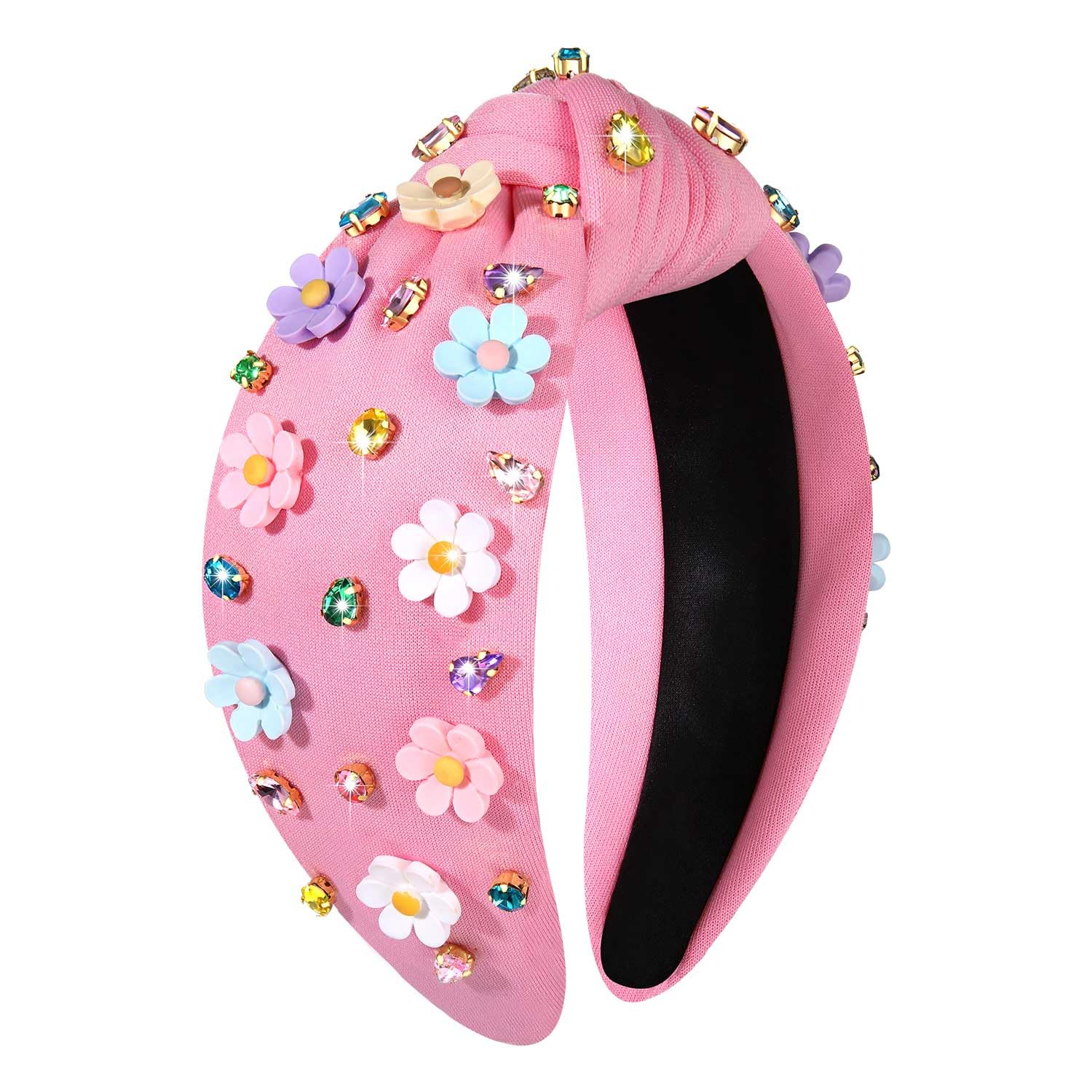 vokone Flower Headbands for Women Girls Crystal Jeweled Embellished Knotted Headband Statement Summer Headband Beach Accessories (Pink-Colorful)