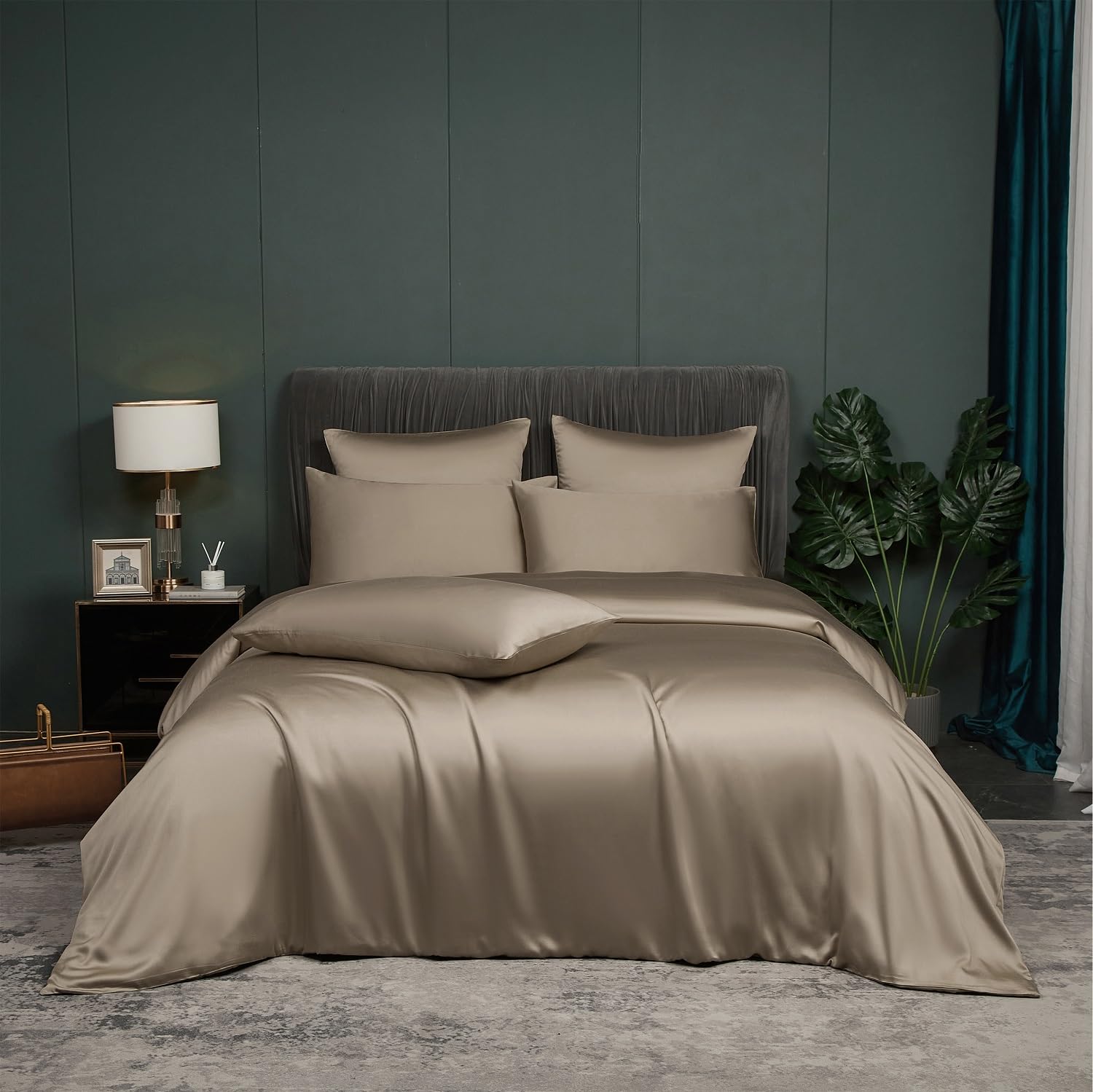 Biancheria da letto in bambù, 135 x 200 cm, colore oro, cachi, estate, inverno, rinfrescante, in fibra di bambù, lucida, set di biancheria da letto traspirante, in bambù, 2 pezzi, copripiumino 135