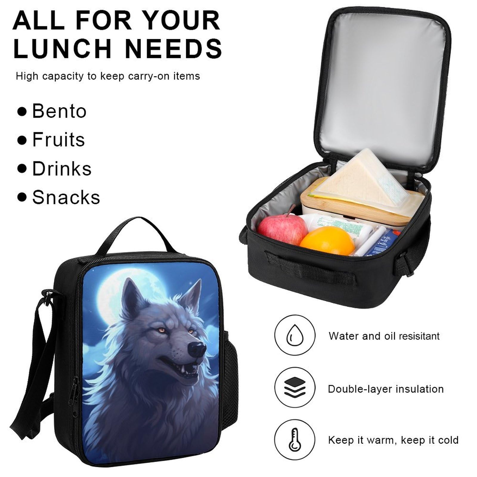 Sacs Loup Personnalisé avec Boîte à Déjeuner et Trousse à Crayons, Lot de 3 Sacs d'école Animal Wolves, Sac avec Boîte à Déjeuner