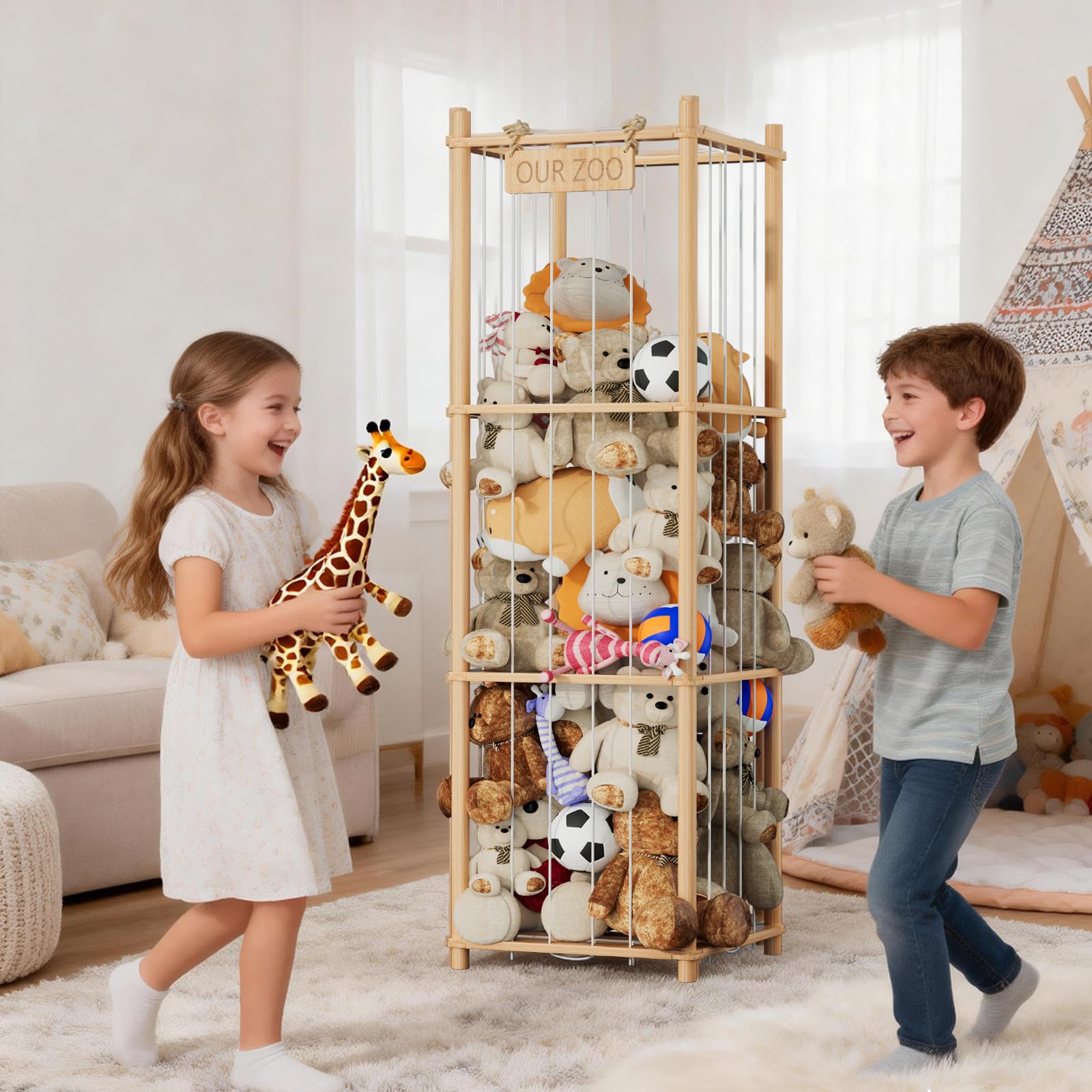 Kuscheltier Aufbewahrung mit Netz, Stofftiere & Plüschspielzeug Massivholz Organizer, Großes Fassungsvermögen Aufbewahrungsregal für Kinderzimmer, Wohnzimmer & Schlafzimmer 137x40x40cm