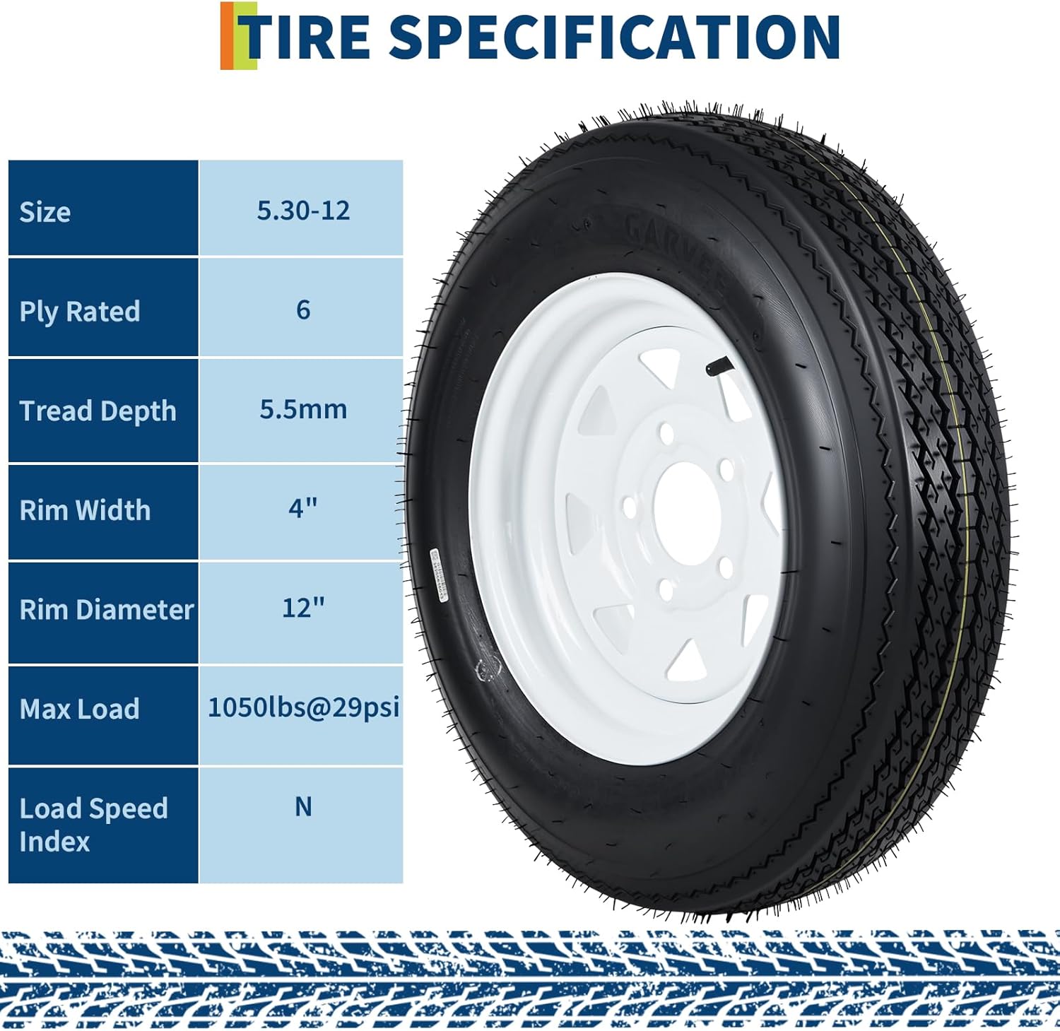 Durable Trailer Tires and 5-Lug Wheels Set - 5.30-12, Load Range C, 6PR, White Rim Assembly for Utility, Boat, Camper Trailers - 12-Inch, PCD 114.3x5, Center Hole 72mm