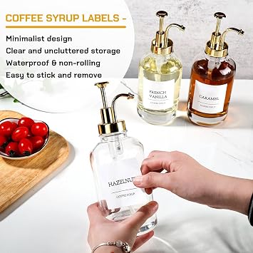 Coffee Bar Accessories,Coffee Syrup Dispenser with Labels for Coffee Bar,Pack of 4,Total 67.6 oz (Gold Pump)
