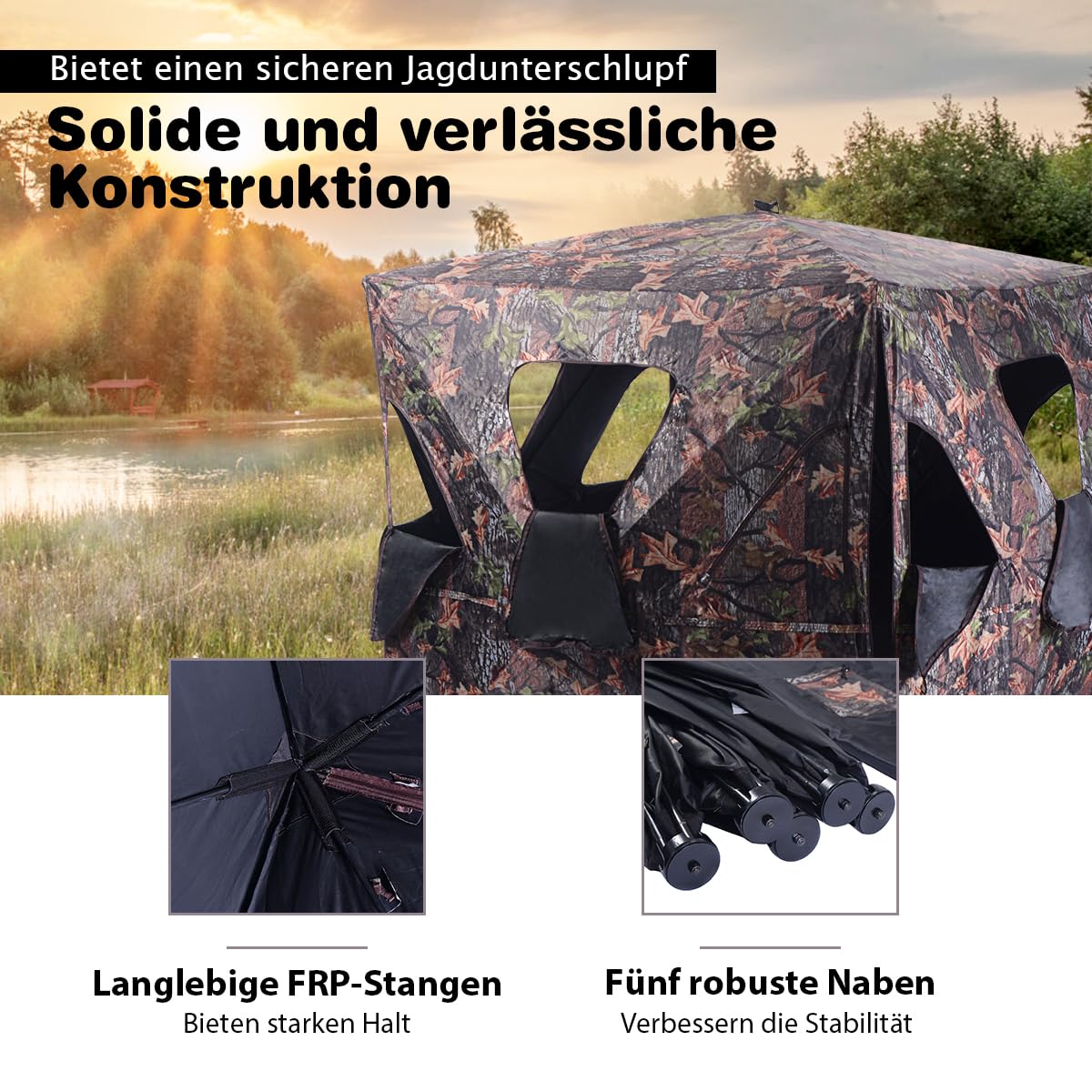 COSTWAY Jachttent met 360°-uitzicht voor 2 personen, jachtschuilplaats grondtent met draagtas, spanbanden en grondpennen (148 x 148 x 170 cm