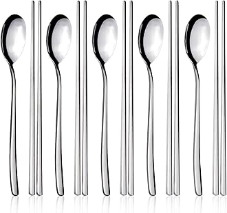 IQCWOOD Spoons and Chopsticks Set, 5 Pairs Stainless Steel Flat Chopsticks, 5 Set Korean Spoons, Metal Reusable Chop Sticks Dishwasher Safe for Home, Kitchen or Restaurant
