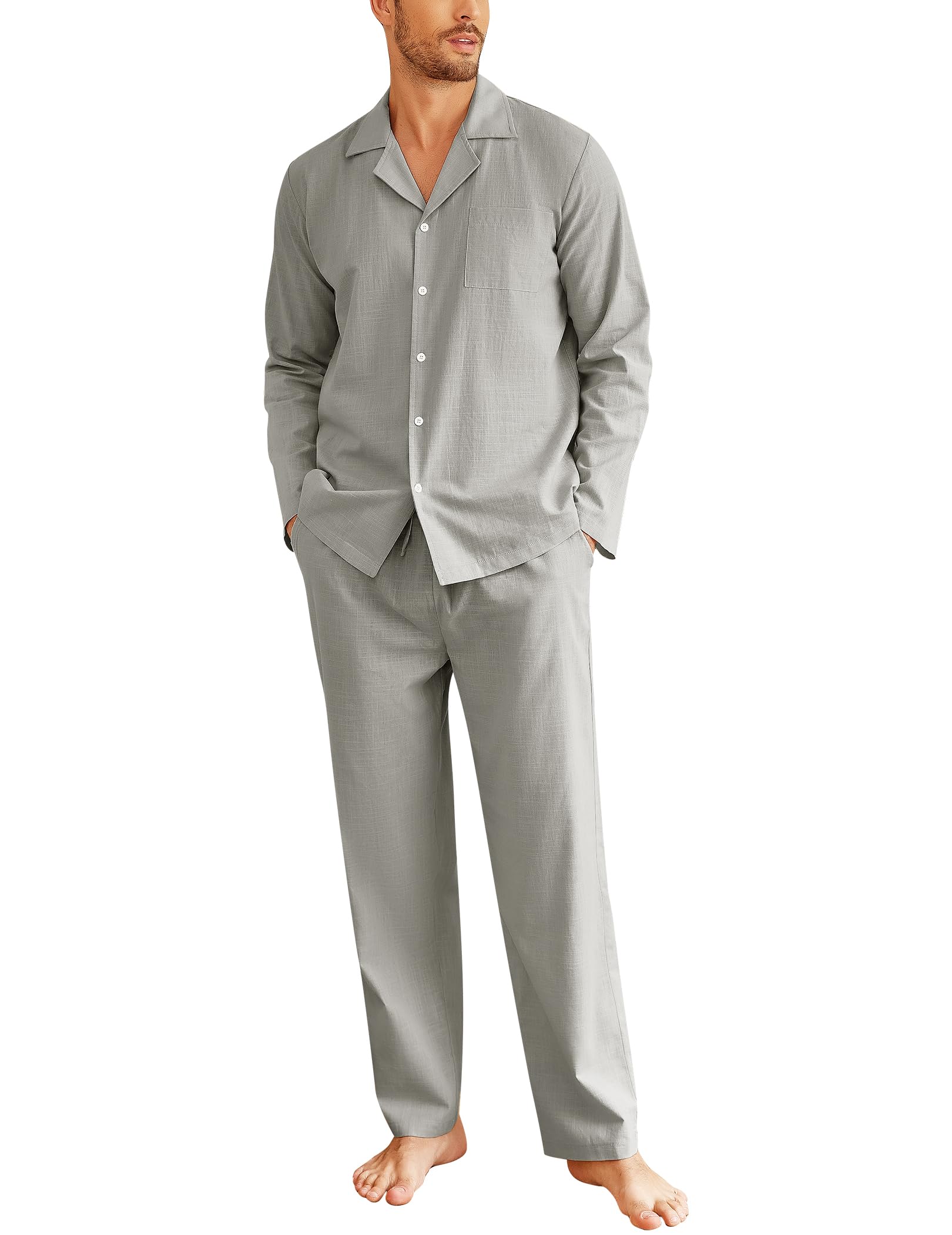 Ekouaer Men's Long Pyjamas Cotton Two-Piece Sleepwear Long Sleeve Loungewear Winter S-XXL