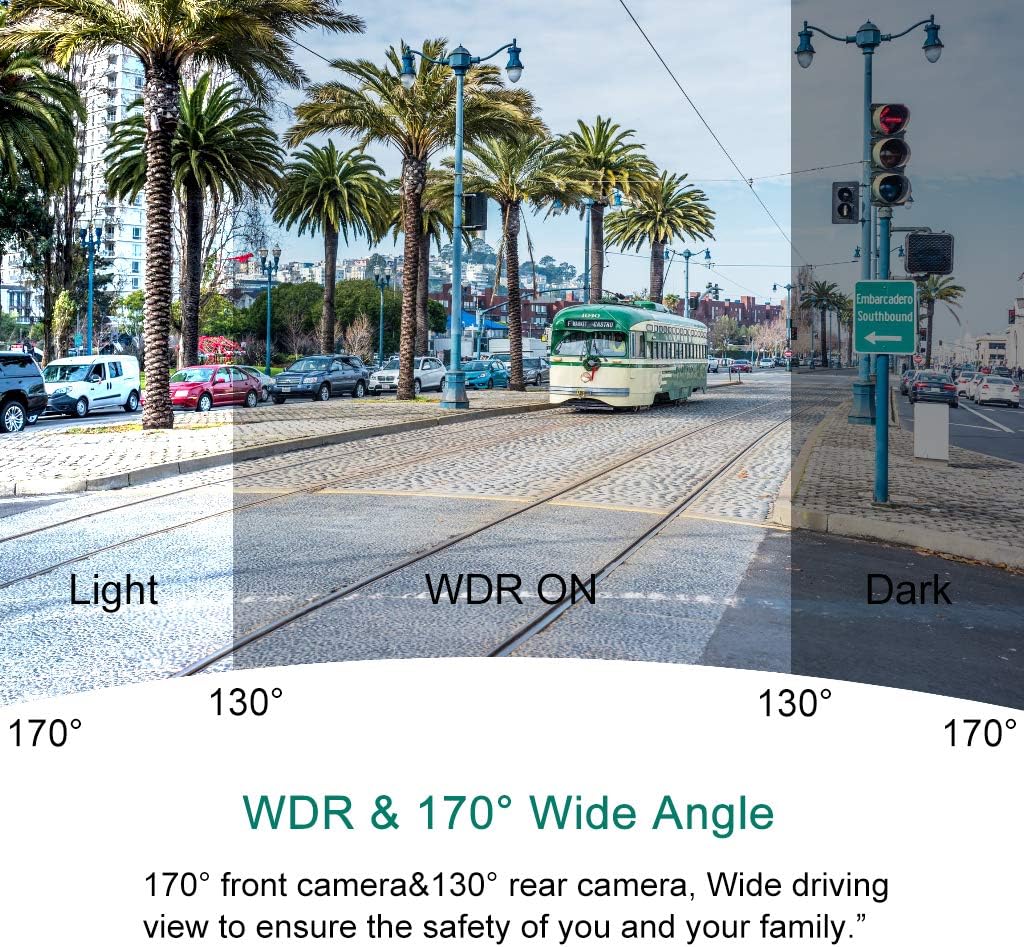 Comparison showing WDR technology's effect on video clarity in different lighting conditions (light, WDR ON, dark).