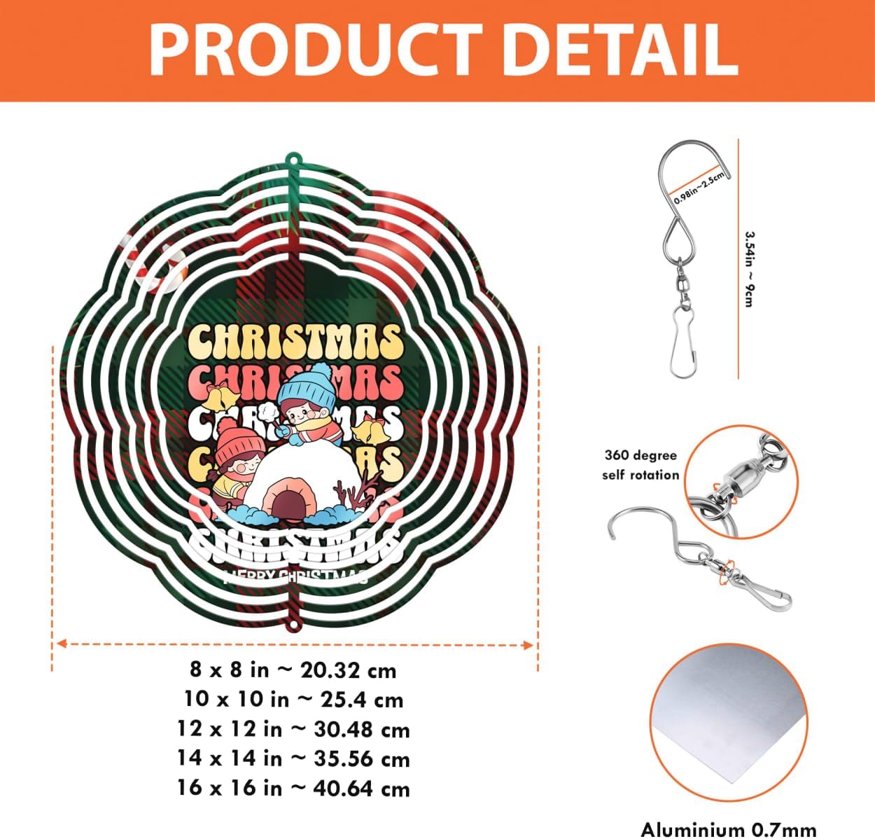 Green Red Plaid Merry Christmas Wind Spinners 3D Stainless Steel Laser Cut Metal Double Sided Printing-Hanging Indoor/Outdoor Decorations Yard Gardening Decor,Metal Kinetic Art 16x16 inches