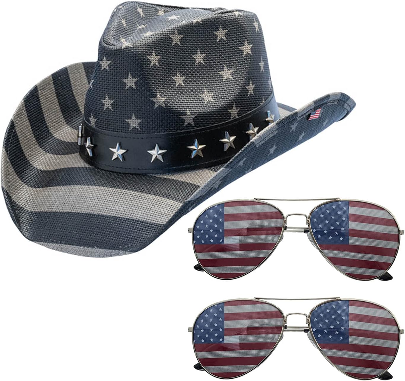 grinderPUNCH Classic USA American Flag Cowboy Hat (Grey Black & Sunglasses 2 Pack)