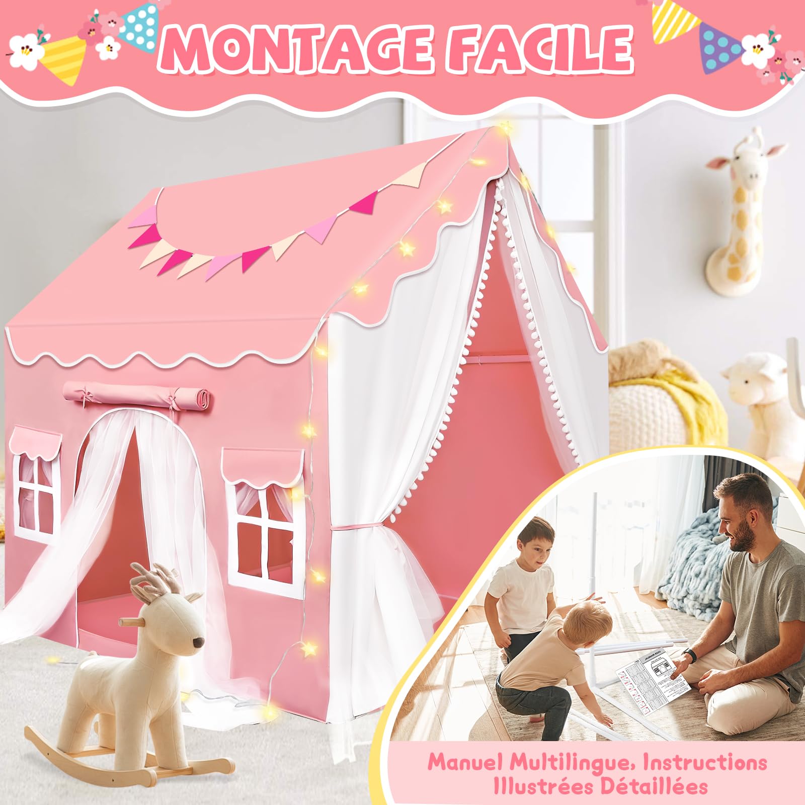 Herenear 2 en1 Tente Enfant Interieur, Cabane Enfant avec Lumières et Drapeaux, Tente de Lit Jeu, Idéal pour la Décoration de Chambre et Fête 120x100x127 CM (Rose)