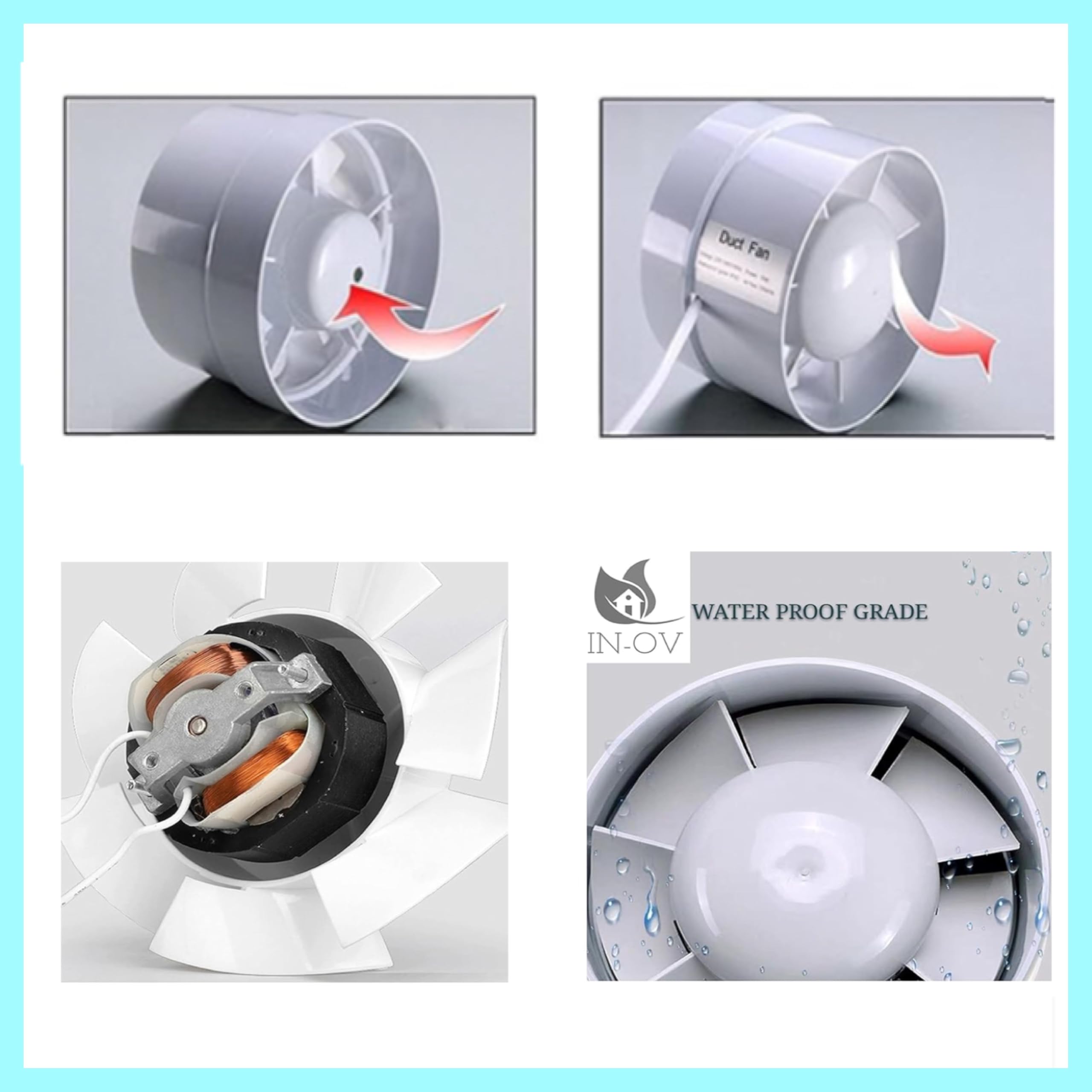 IN-OV - Ventilateur Extracteur d'air, économique 100mm, 12W/130m³, extracteur axial conduit en ligne : salle de bain, cuisine, cave.. Garantie 2ans.