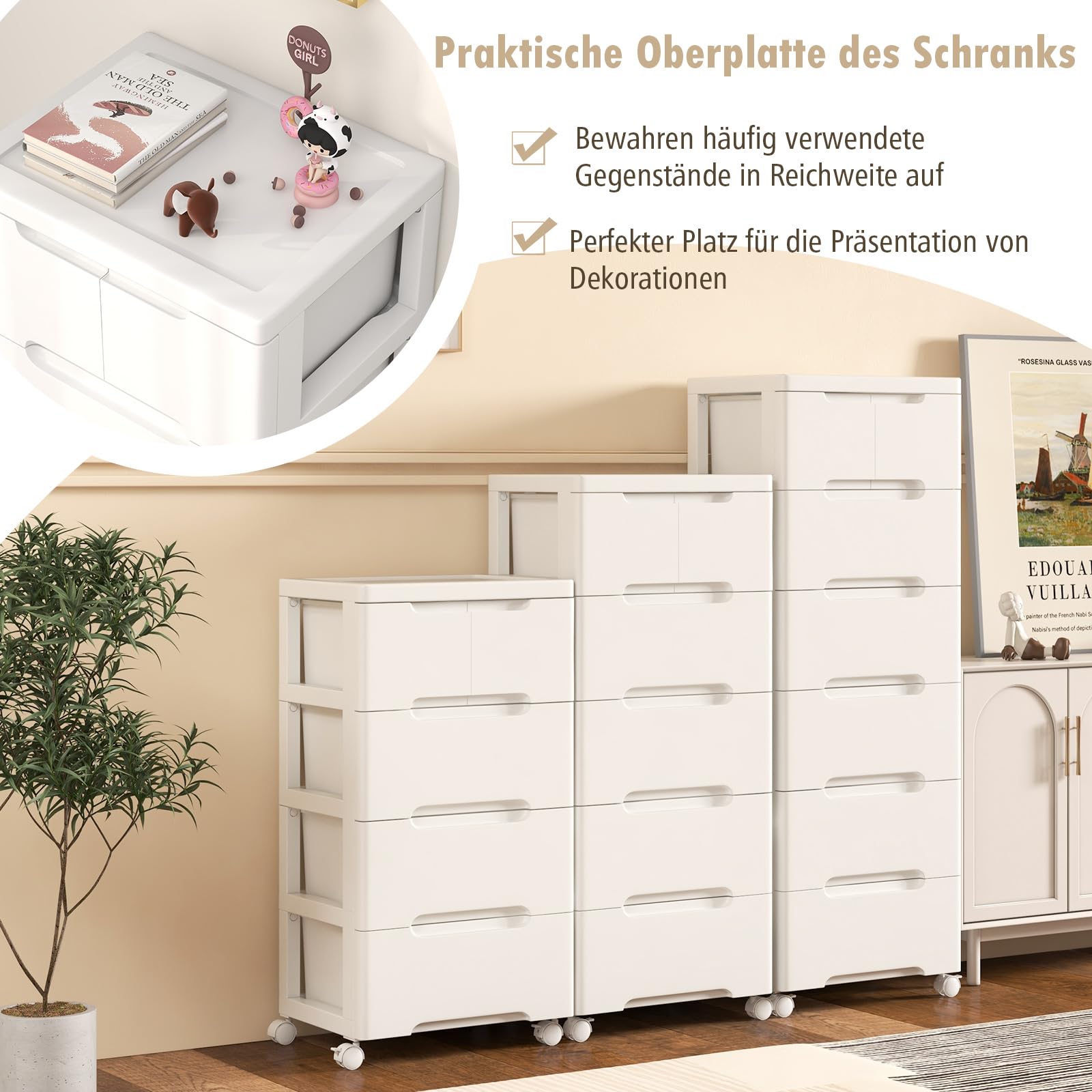 COSTWAY Nischenschrank vertikal Aufbewahrungsschrank, Kommode mit Schubladen, universellen & arretierbaren Rollen, Badrollwagen für Wohnzimmer Büro Salon, Weiß (7 Schubladen)