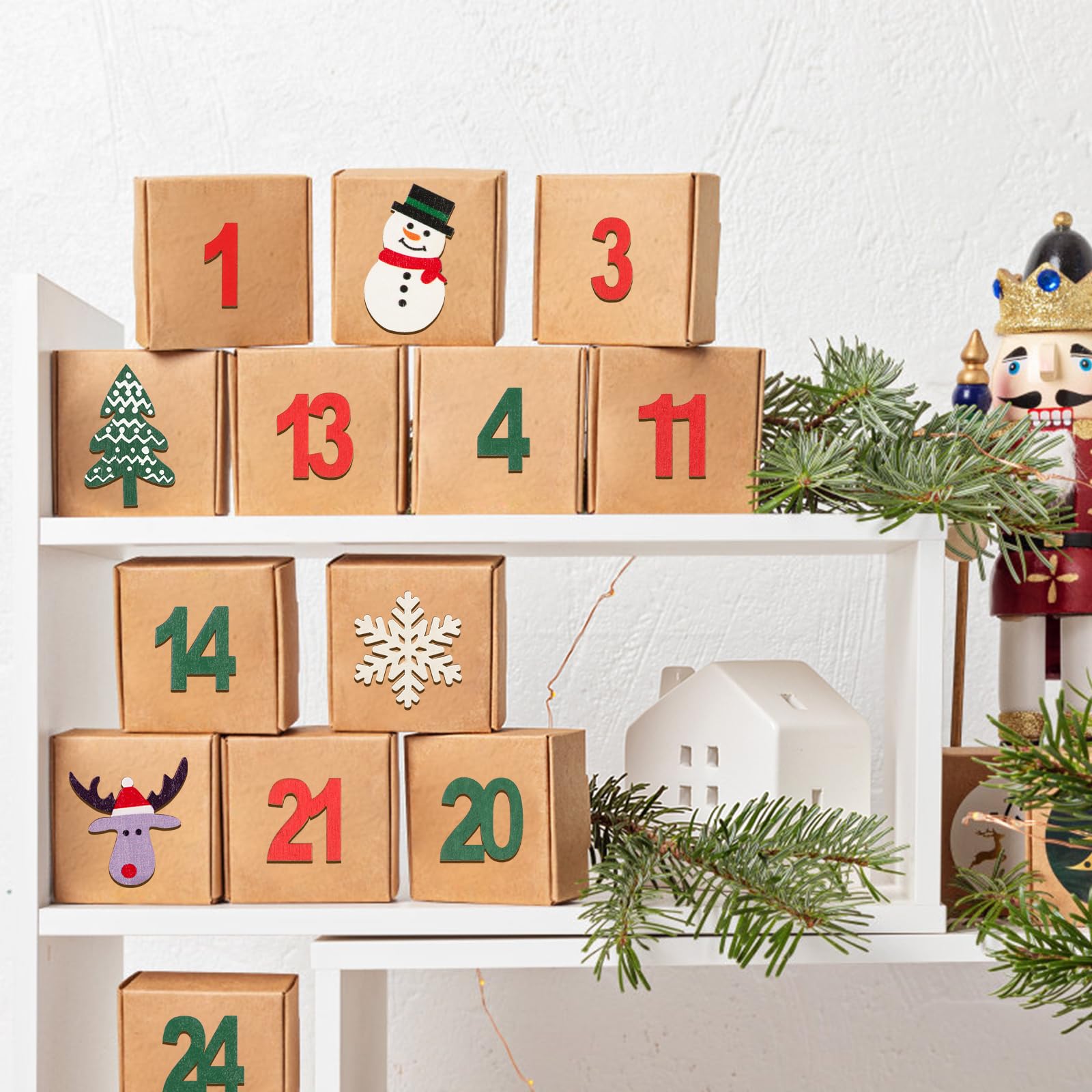 Hobbyfun Lot De Mini-Chiffres En Bois 1 à 24 Pour Calendrier De L'Avent - Rouge/Vert/Crème