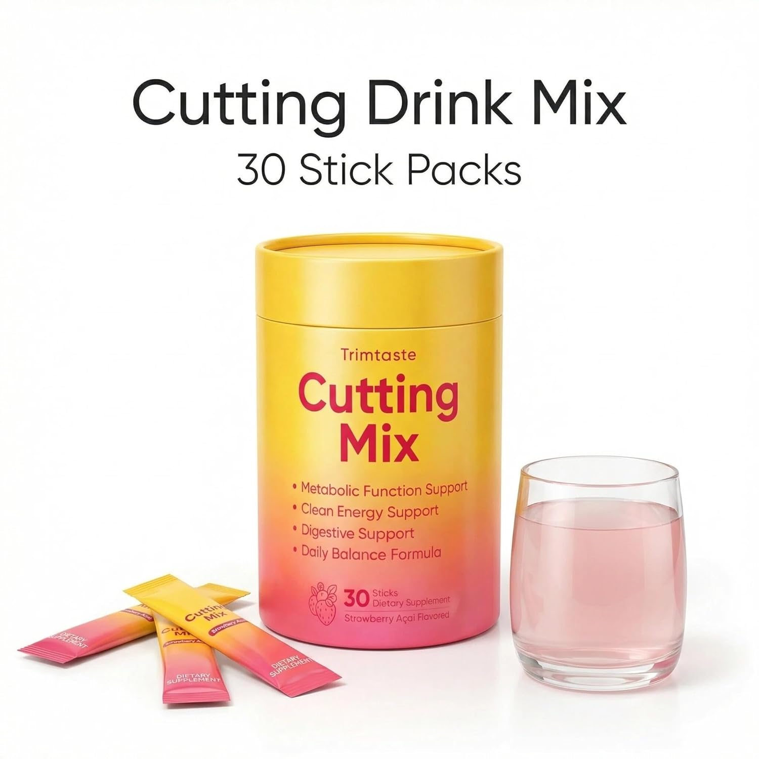 Trimtaste Cutting Drink Mix, Daily Wellness Blend with 5-HTP, Yerba Mate & Prebiotic Fiber, Supports Energy & Digestive Balance, Strawberry Aa Flavor, 30 Stick Packs