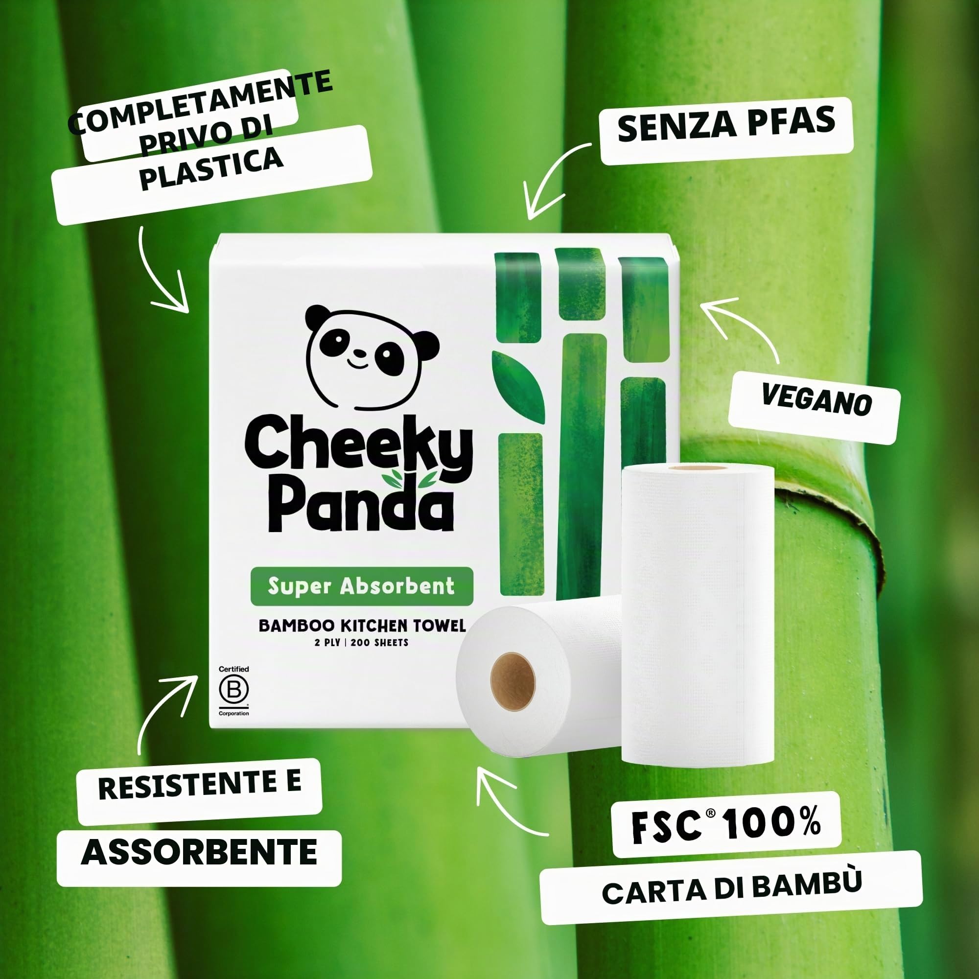 The Cheeky Panda Carta Cucina in Bambù | 10 Rotoli Carta Asciugatutto (5 Confezione da 2 Rotoli) 1000 Fogli Assorbenti a 2 Veli | Carta Casa