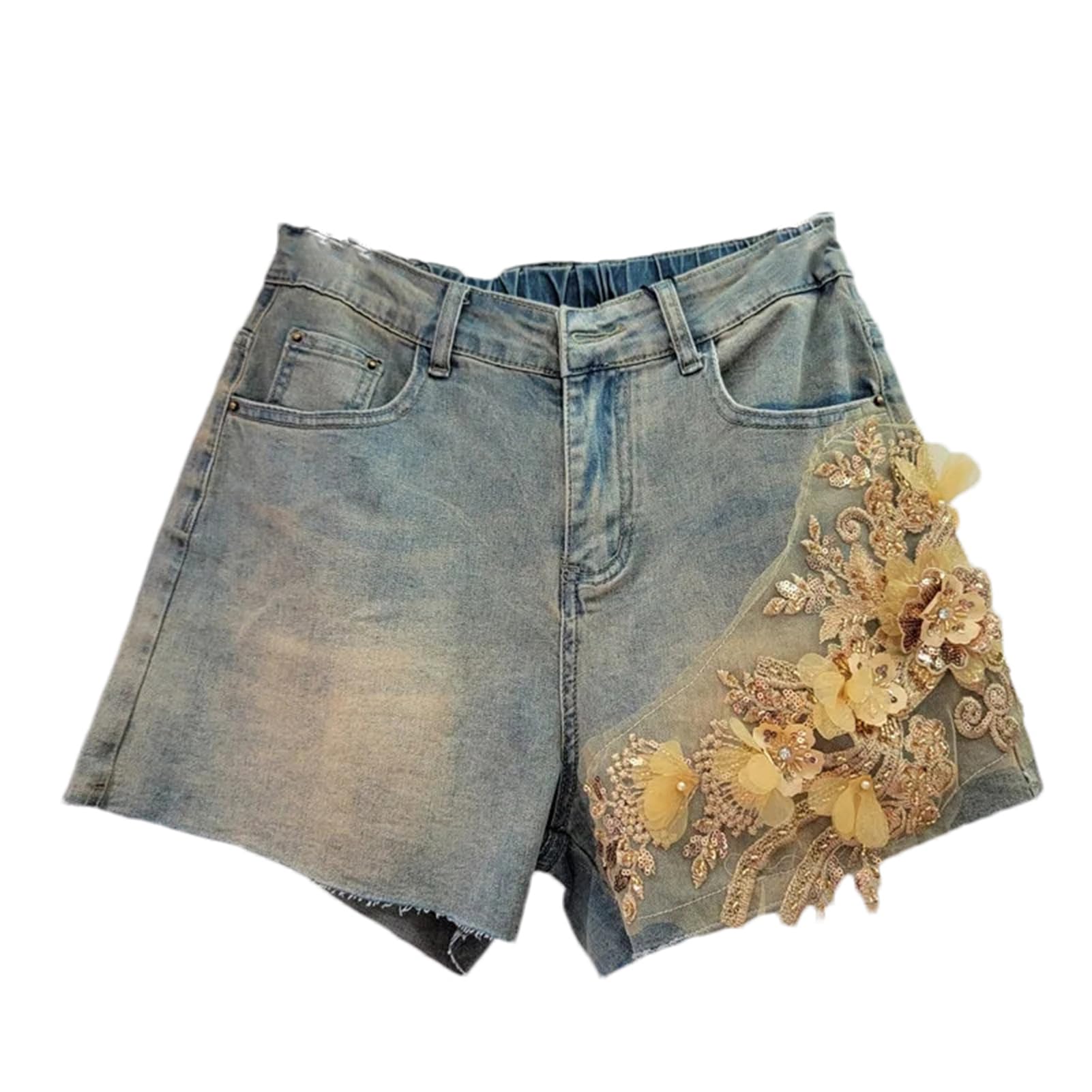 Estate Design ricamato 3D fiore dritto pantaloni corti per le donne sbavature elastico Denim Shorts femminili