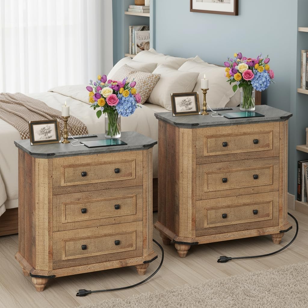 YITAHOME Nightstand Set of 2 with Charging Station, Farmhouse Side Table with 3 Drawers & USB Ports & Outlets, Night Stand Bed Side End Table with Storage for Bedroom Living Room Dorm Small Space