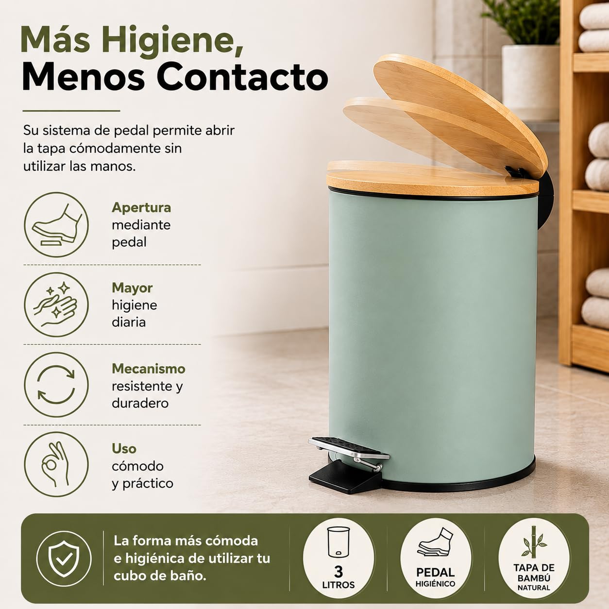 TIENDA EURASIA – Cestino bagno | metallo + coperchio in bambù | capacità 3 l | misure 17 x 21 x 23,5 cm e secchio interno 16,8 x 16,8 x 18,2 | con pedale (verde menta)