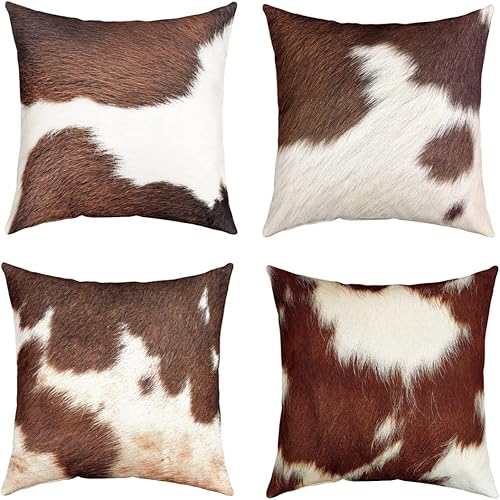 Paquete de 4 fundas de almohada de piel de vaca de 20 x 20 pulgadas para cama, sofá, sofá, fundas de almohada con estampado de vaca marrón,