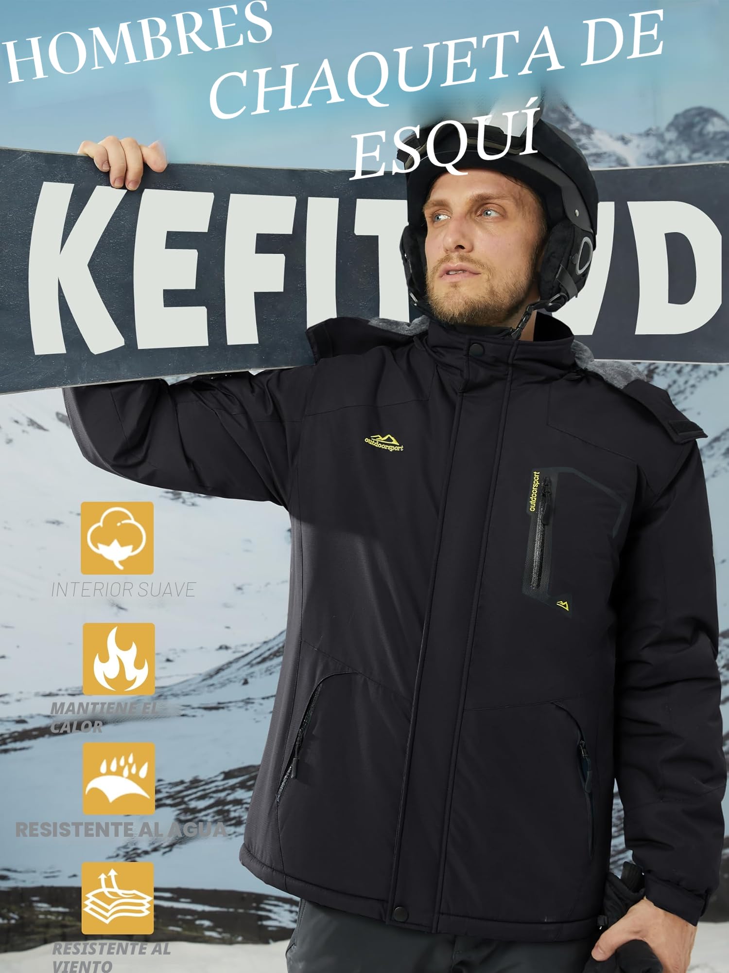 KEFITEVD Chaquetas Impermeables Hombre Lana Invierno Abrigos Térmicos con Capucha Desmontable