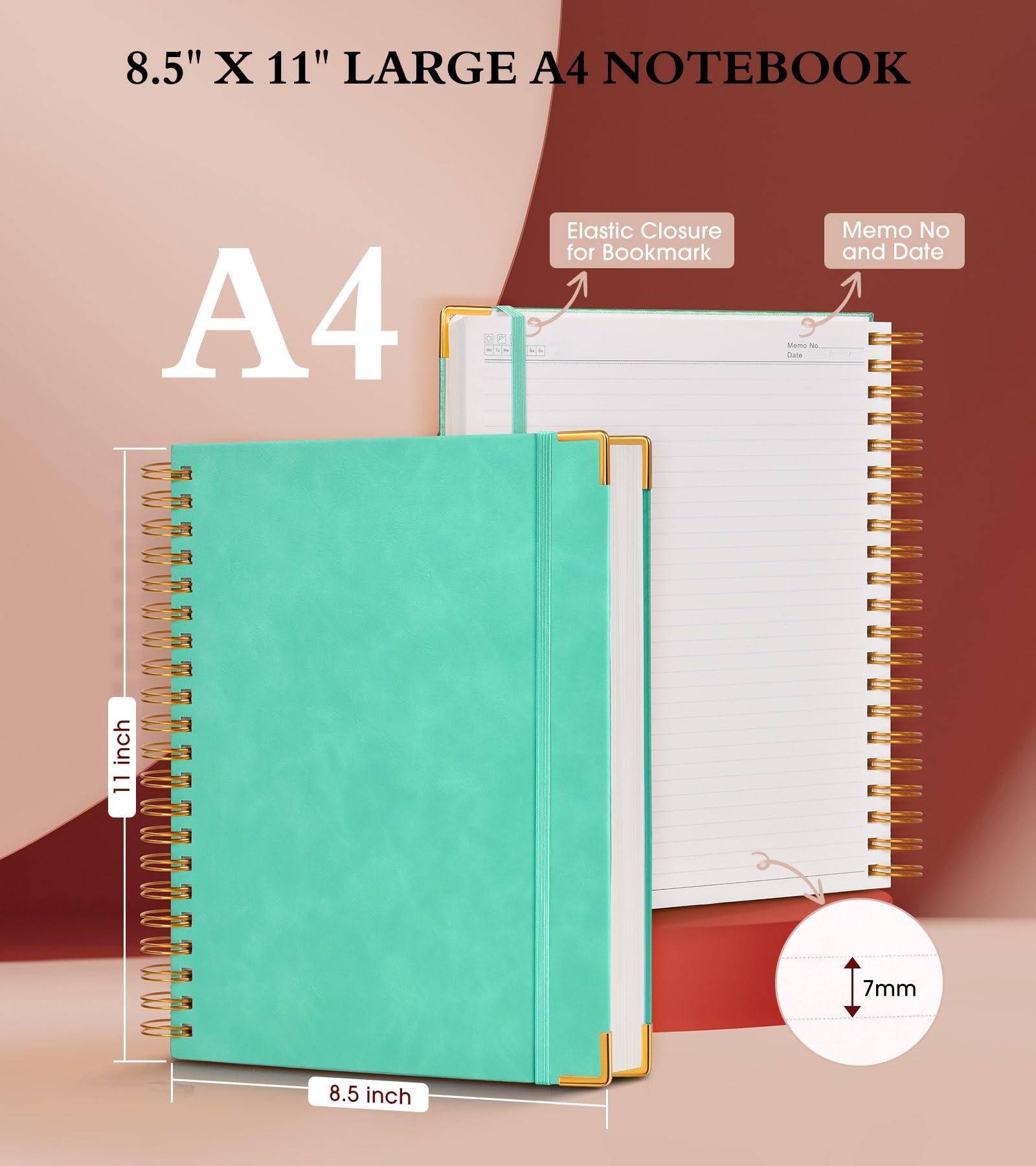 Carnet à spirale 21,6 x 27,9 cm, 300 pages avec couverture rigide et ligné en cuir pour homme et femme, format A4 avec papier épais de 100 g/m², journal à spirale pour écriture, travail, école, bleu