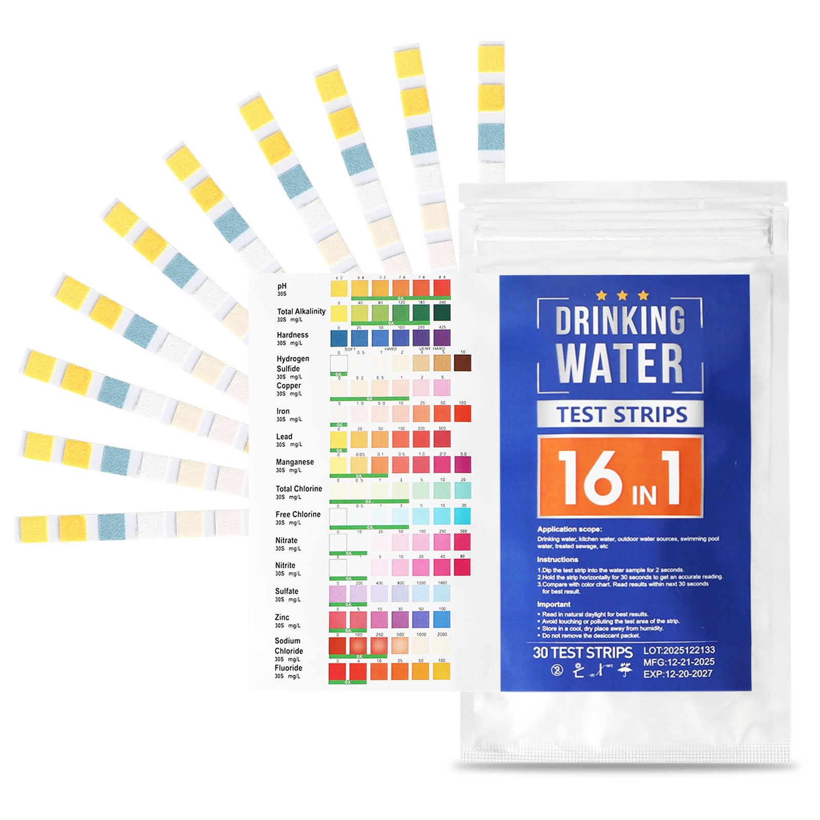 Tester D'acqua Potabile 16 in 1, 30 PCS Test Acqua Potabile | Test Durezza Acqua, Kit Analisi Acqua Potabile per Acquari, Piscine, Spa, Misurano Cloro Libero e PH Metalli Pesanti