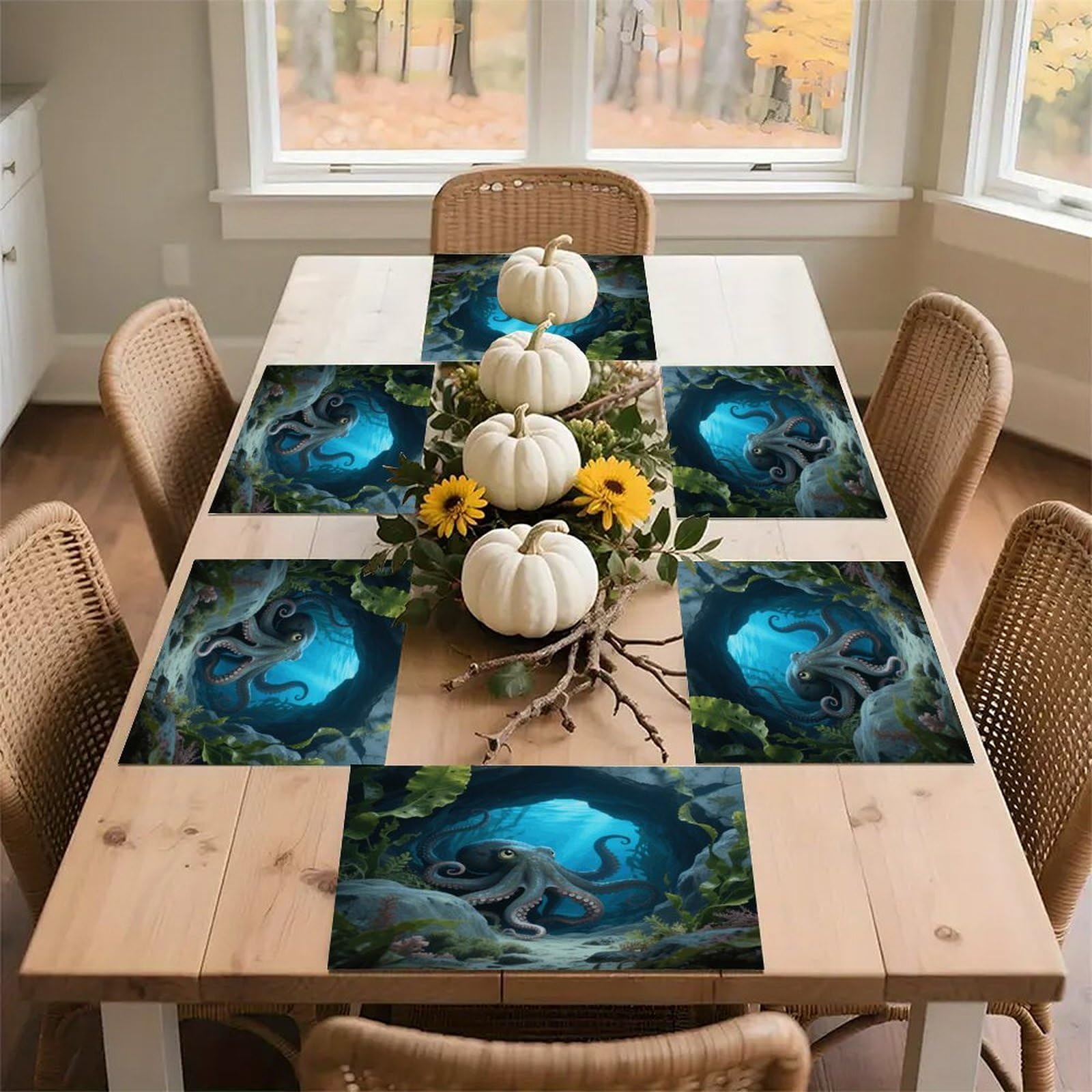 Octopus Print Placemats Heat Resistant Non-Slip Place Mats Washable Wipeable Table Mat Kitchen Dining Table Decoration Placemats Indoor Outdoor Place Mats 17.7’’×11.8’’