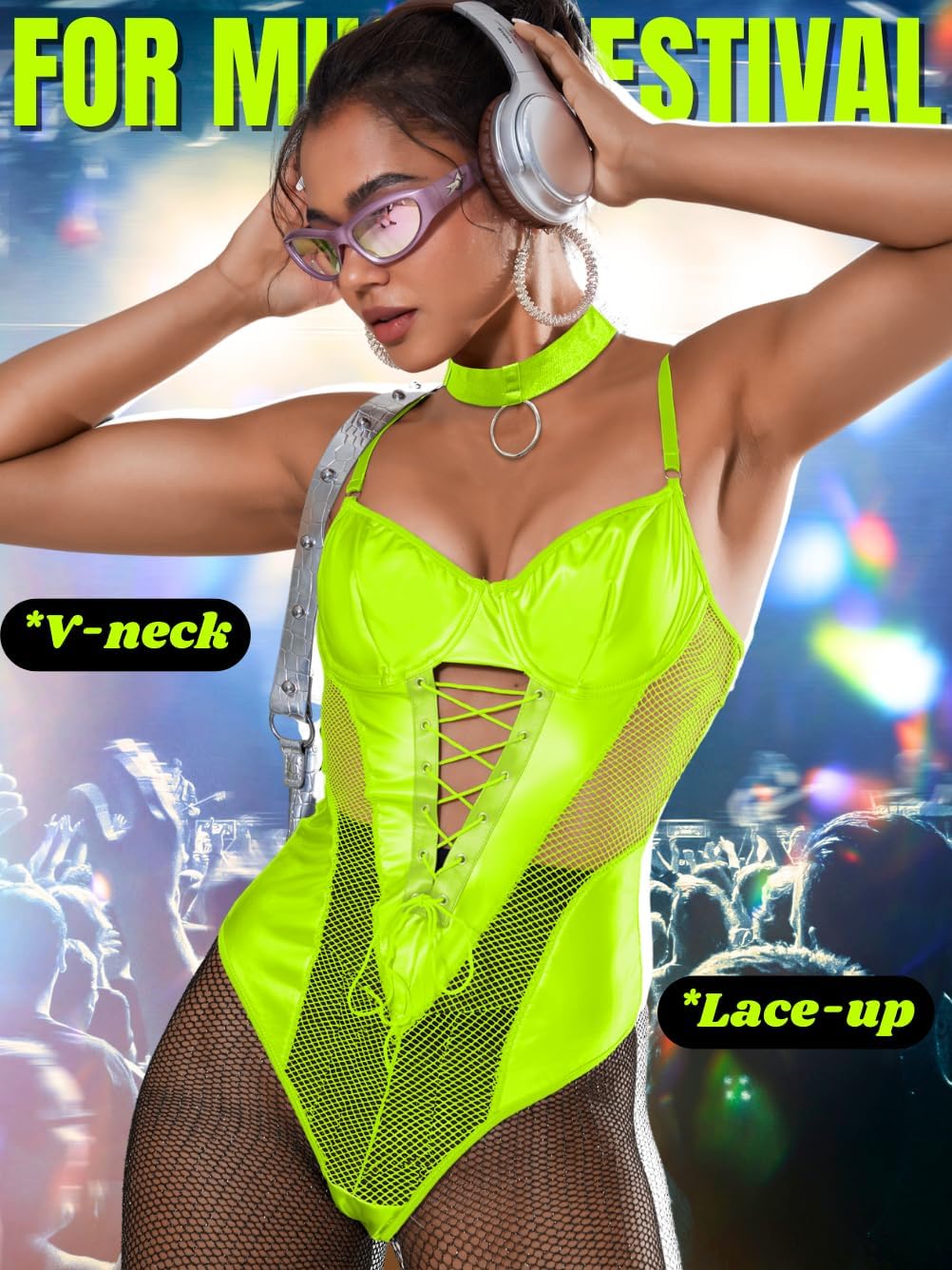 Kaei&Shi Rave Outfits Bodysuit Tops, Fishnet Corset Body Suit, Sexy Lingerie For Women, Faux Leather Festival Goth - Image 5