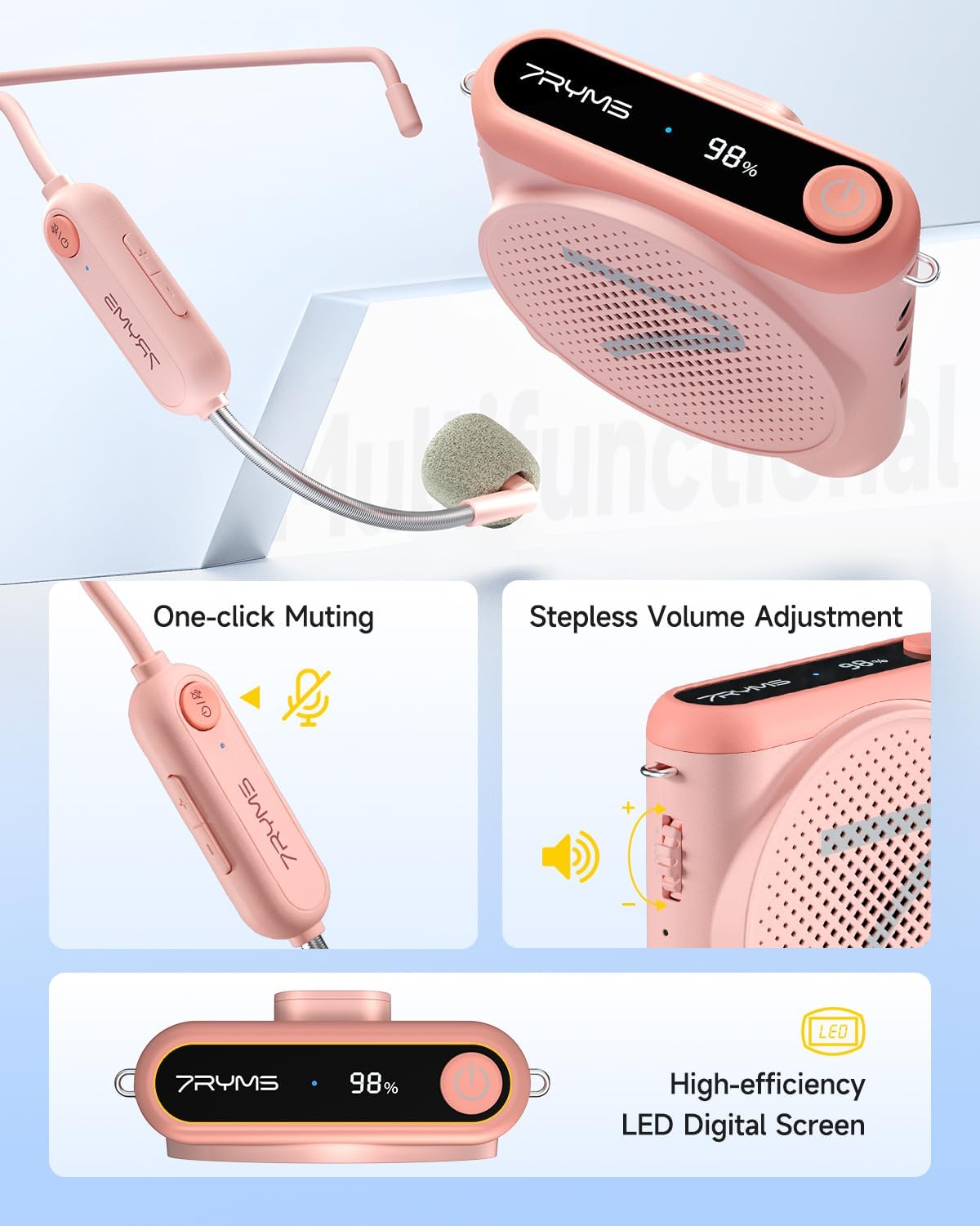 7RYMS WA1 Wireless Voice Amplifier with Headset Microphone for Teachers, Personal Power Amplifier with Noise Canceling, 164ft Range, 23H Working, Microphone Speaker for Teaching, Speech, Yoga(Pink) - Image 9