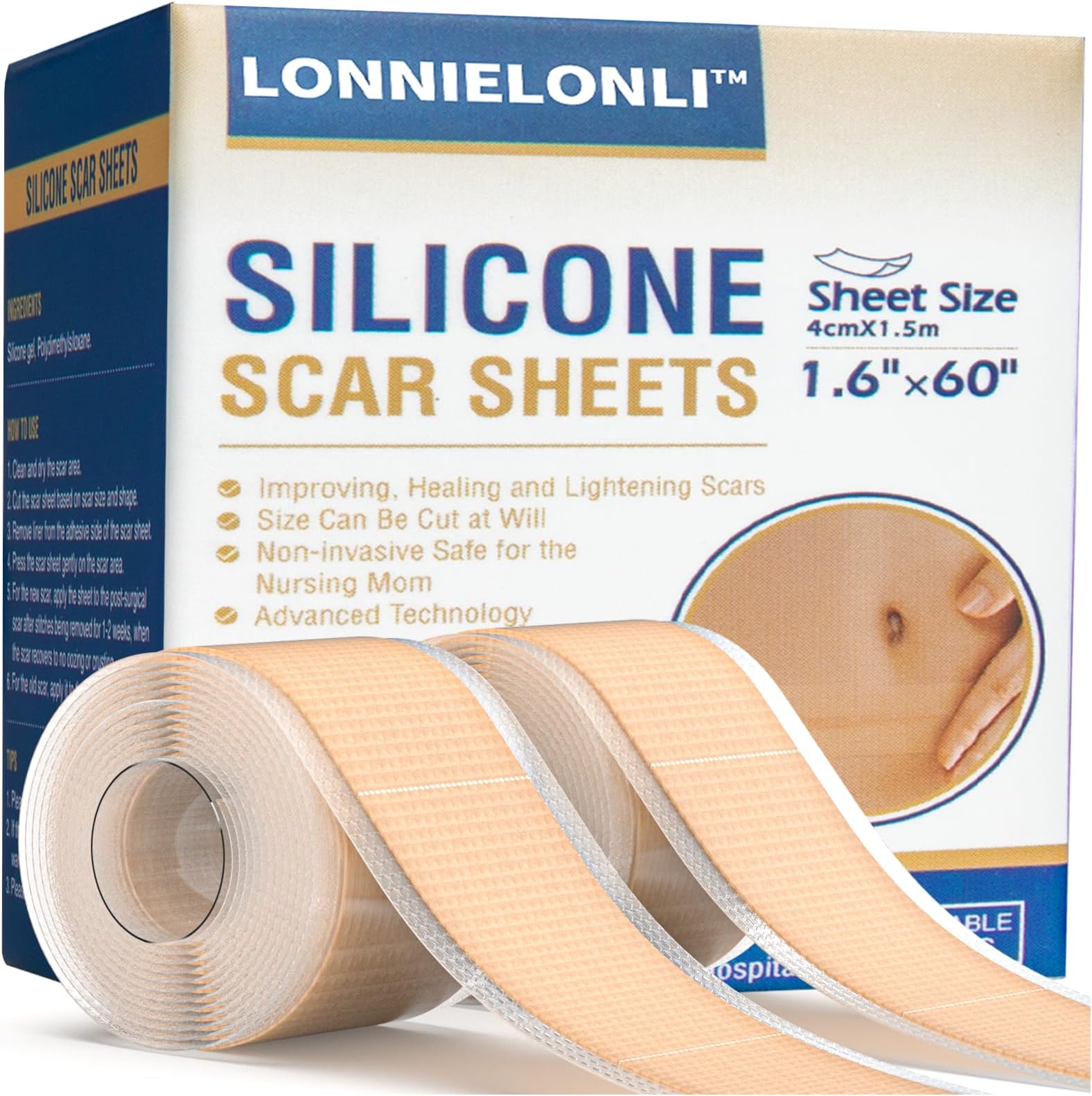 Silicone Scar Sheets（1.6" x 60”Roll-1.5M）,2 Pack Silicone Scar Tape, Silicone Strips for Scar Healing, Reusable, Professional Scar Removal Sheets for C-Section, Surgery, Burn, Keloid, Acne et