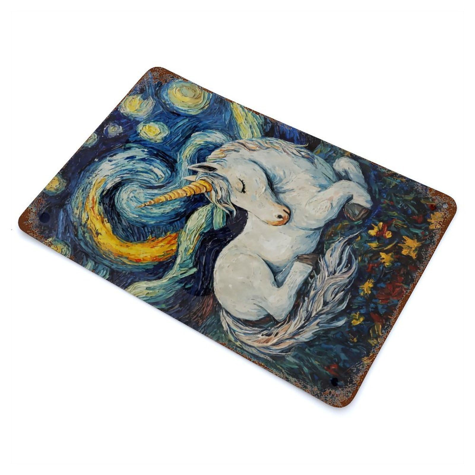 Rust Effect Unicorn Sleeping Starry Night Rusty Metal Tin Sign 11.8"x7.9", Old School Wall Decor for Basement, Hobby Room And Garage Decor