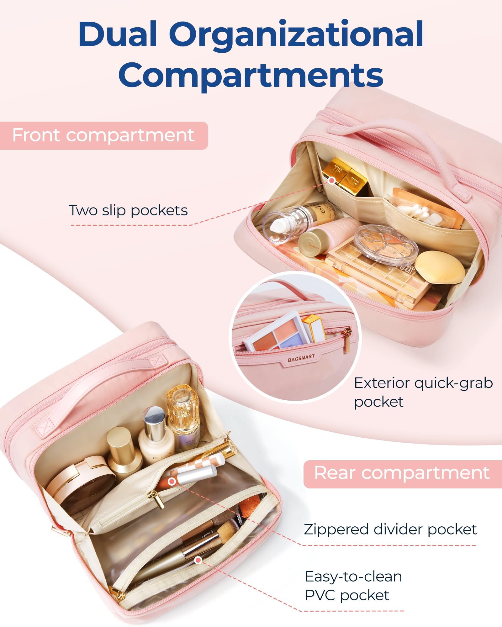 BAGSMART Travel Makeup Bag Large Capacity Wide-Open Make up Bags for Women Travel Essentials & Cosmetics Toiletries Accessories, Pink - Image 3