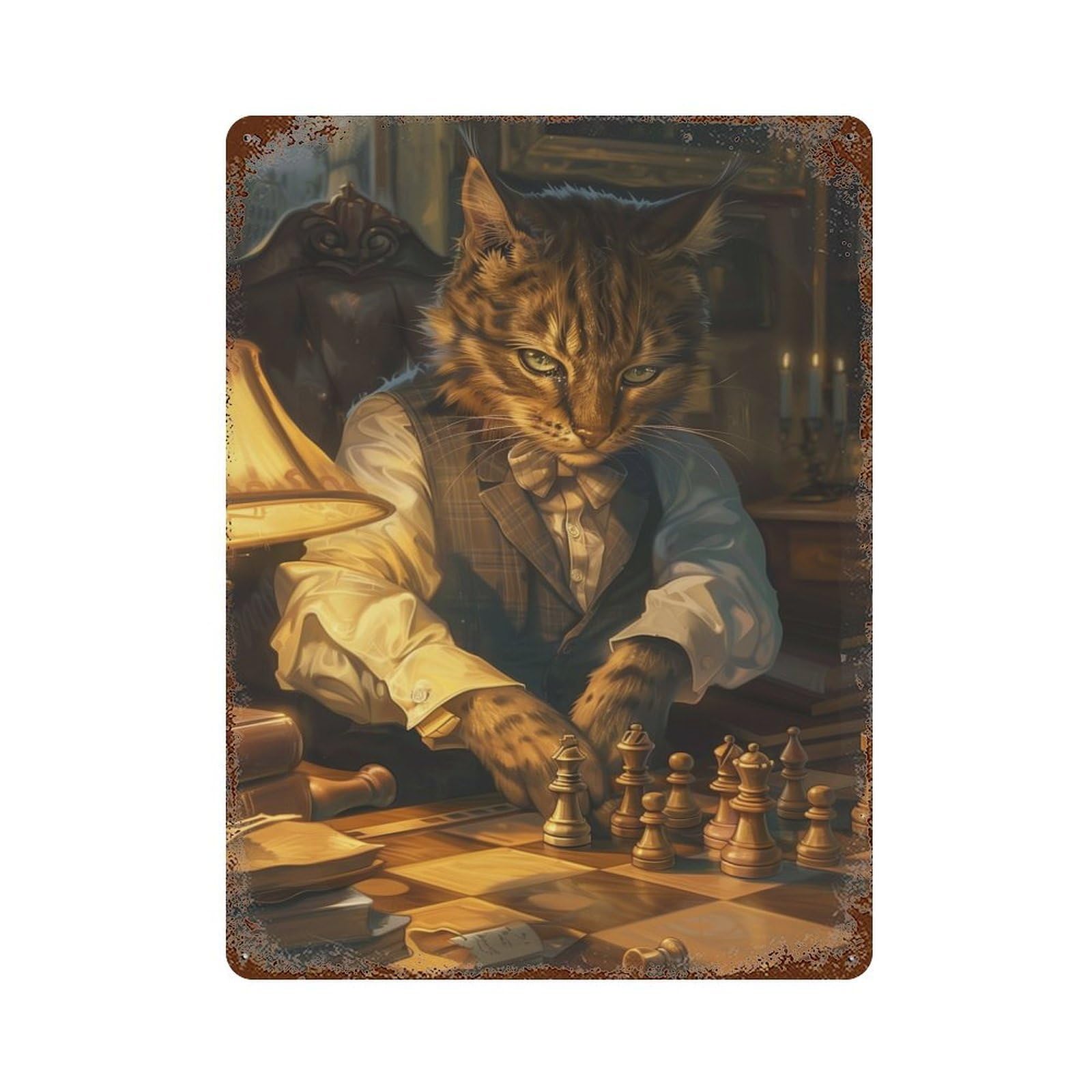 Garage Style Funny Cat Playing Chess Rustic Tin Plaque 15.7"x11.8", Classic Wall Plaque for Bar And Workshop