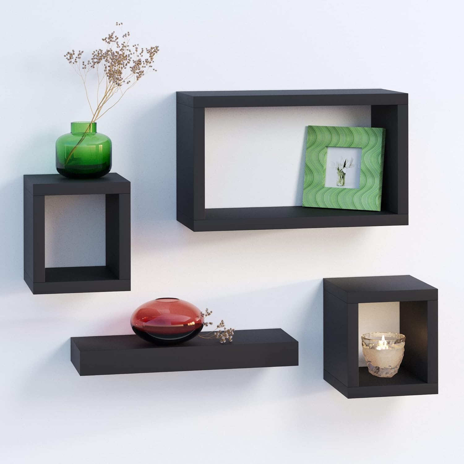 URBNLIVING Set Of 4 Black Hanging Wooden Floating Shelves Amazon.co