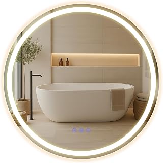 SONGMICS Bathroom Mirror with Light, Round Wall Mirror, Fog Protection Function, Adjustable Tone and Brightness, Make-up, Bedroom, Bathroom, 61cm, Cloud White LWM211WC02