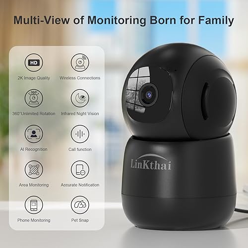 Miniatura 10 de Linkthai Cámara de seguridad para interiores, cámara de perro 2K para mascotas con aplicación de teléfono, cámara de monitor de bebé con detección