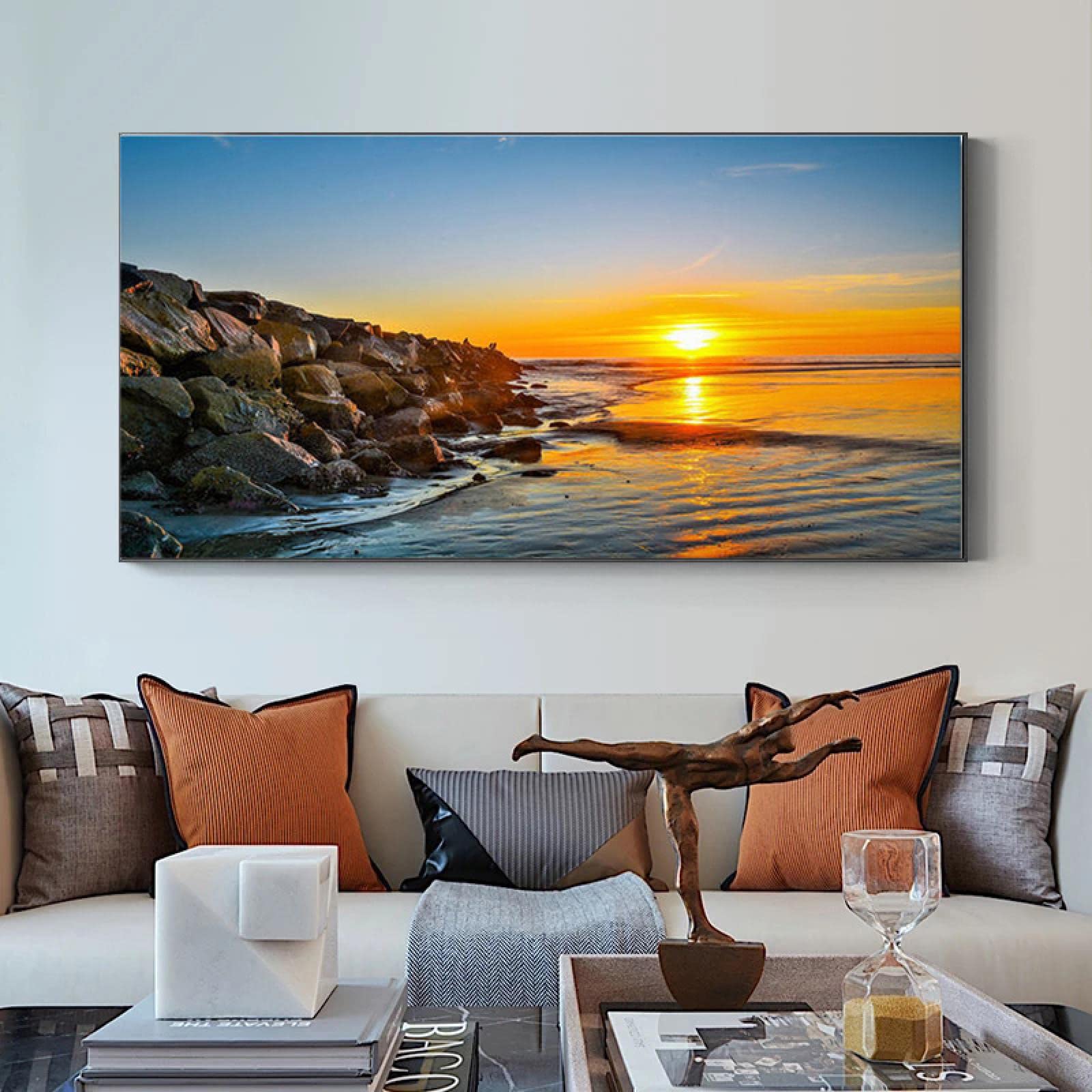 Yooyu Cuadros Grandes Sunset Beach Paisaje marino Arte de la pared Montaña Lienzo Pintura Carteles e impresiones Decoración para sala de estar Cuadros modernos 50x100cm Marco interno